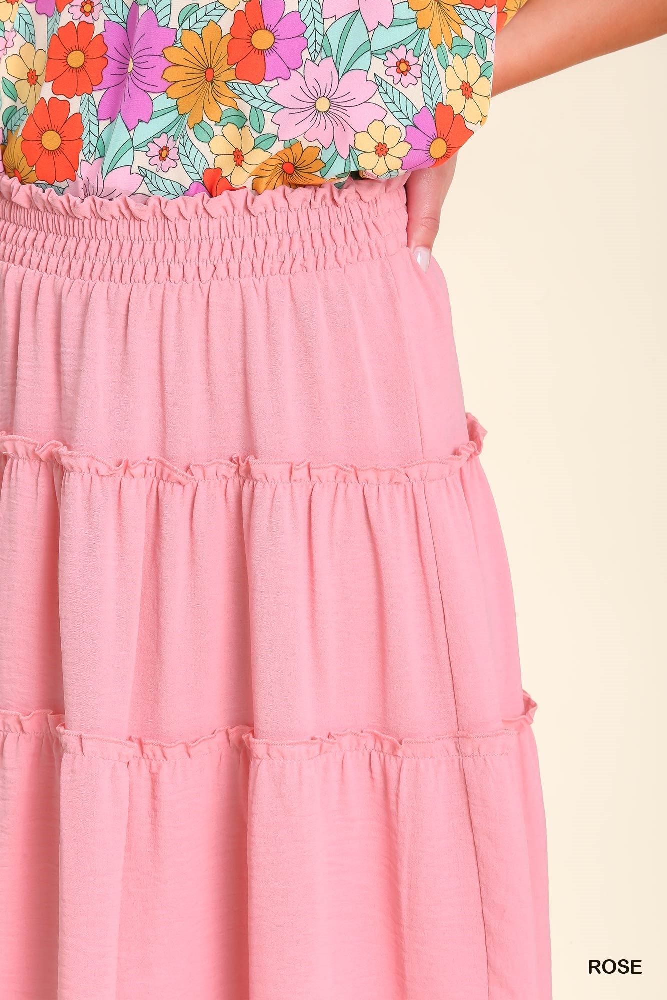 Umgee Shirred Fabric High Waisted Tiered Ruffle Hem Maxi Skirt