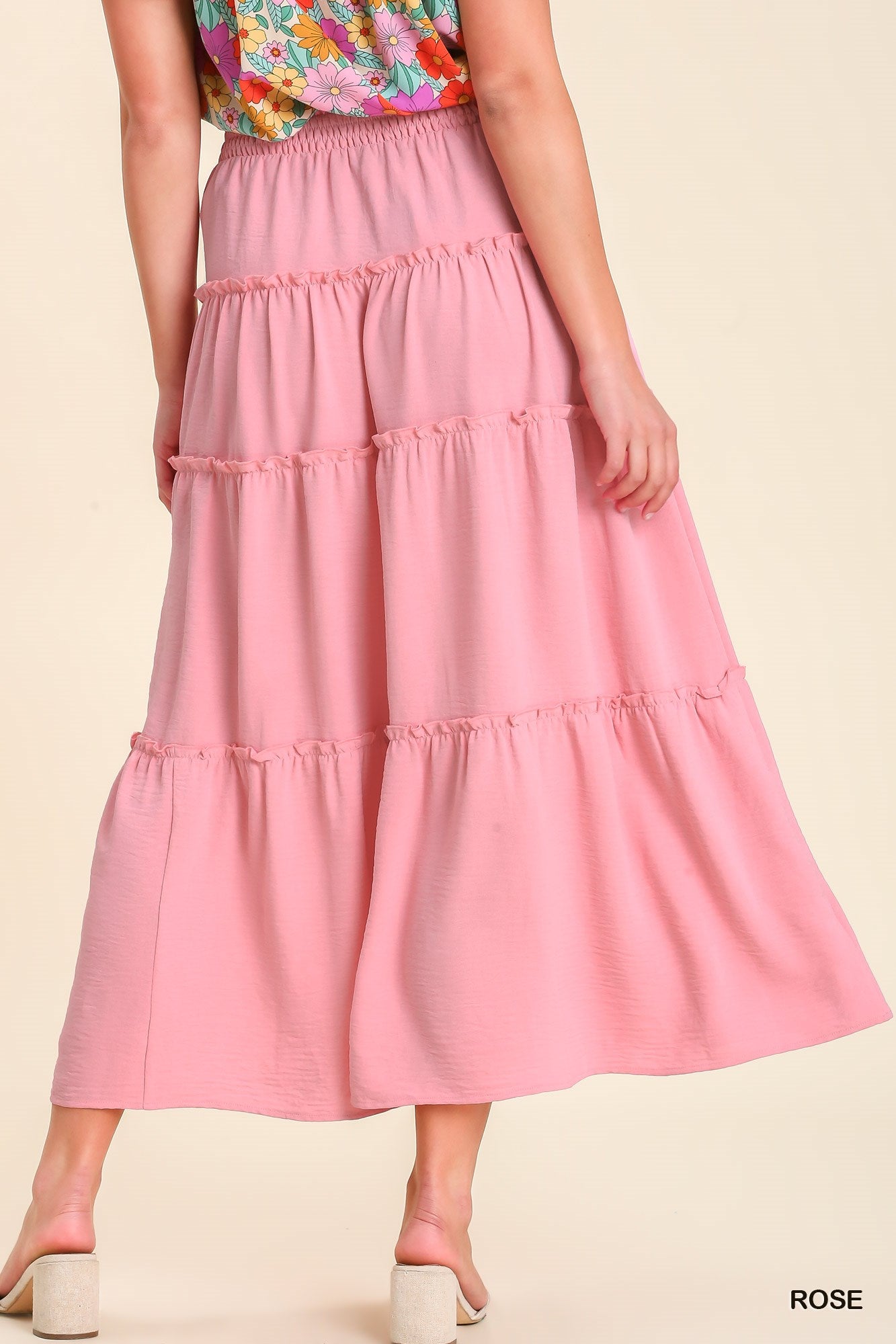 Umgee Shirred Fabric High Waisted Tiered Ruffle Hem Maxi Skirt