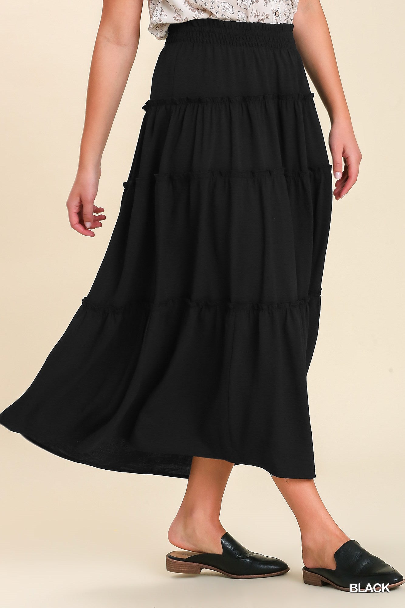 Umgee Shirred Fabric High Waisted Tiered Ruffle Hem Maxi Skirt