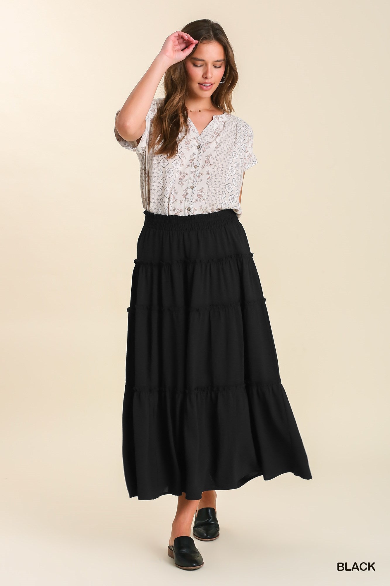 Umgee Shirred Fabric High Waisted Tiered Ruffle Hem Maxi Skirt