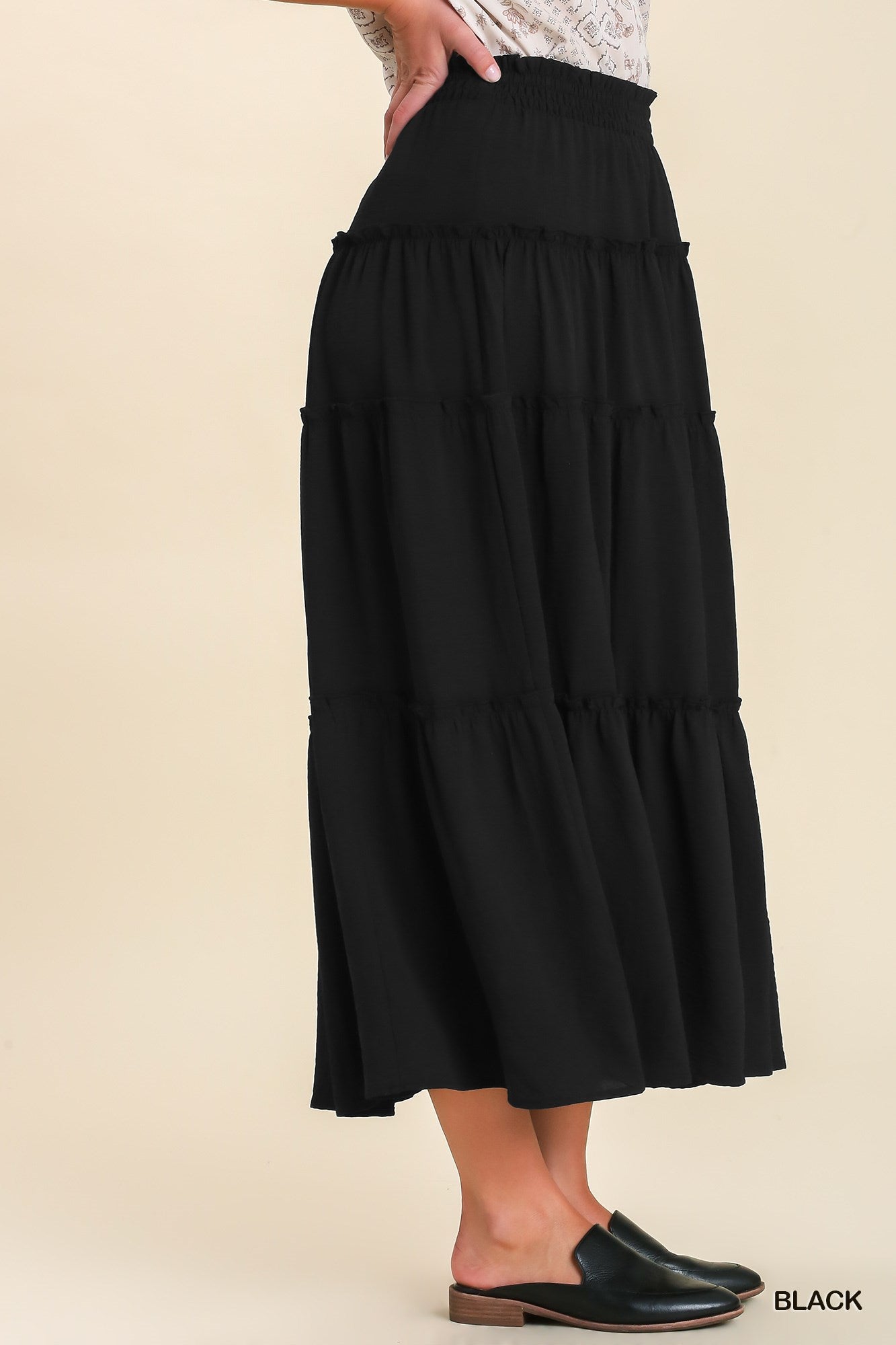 Umgee Shirred Fabric High Waisted Tiered Ruffle Hem Maxi Skirt