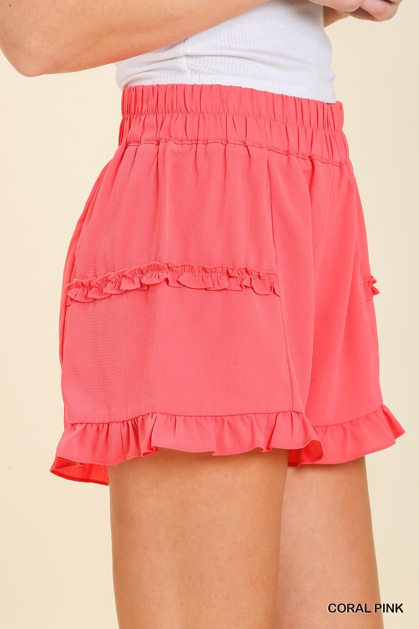 Umgee Elastic Waistband High Waisted Ruffle Trim Shorts