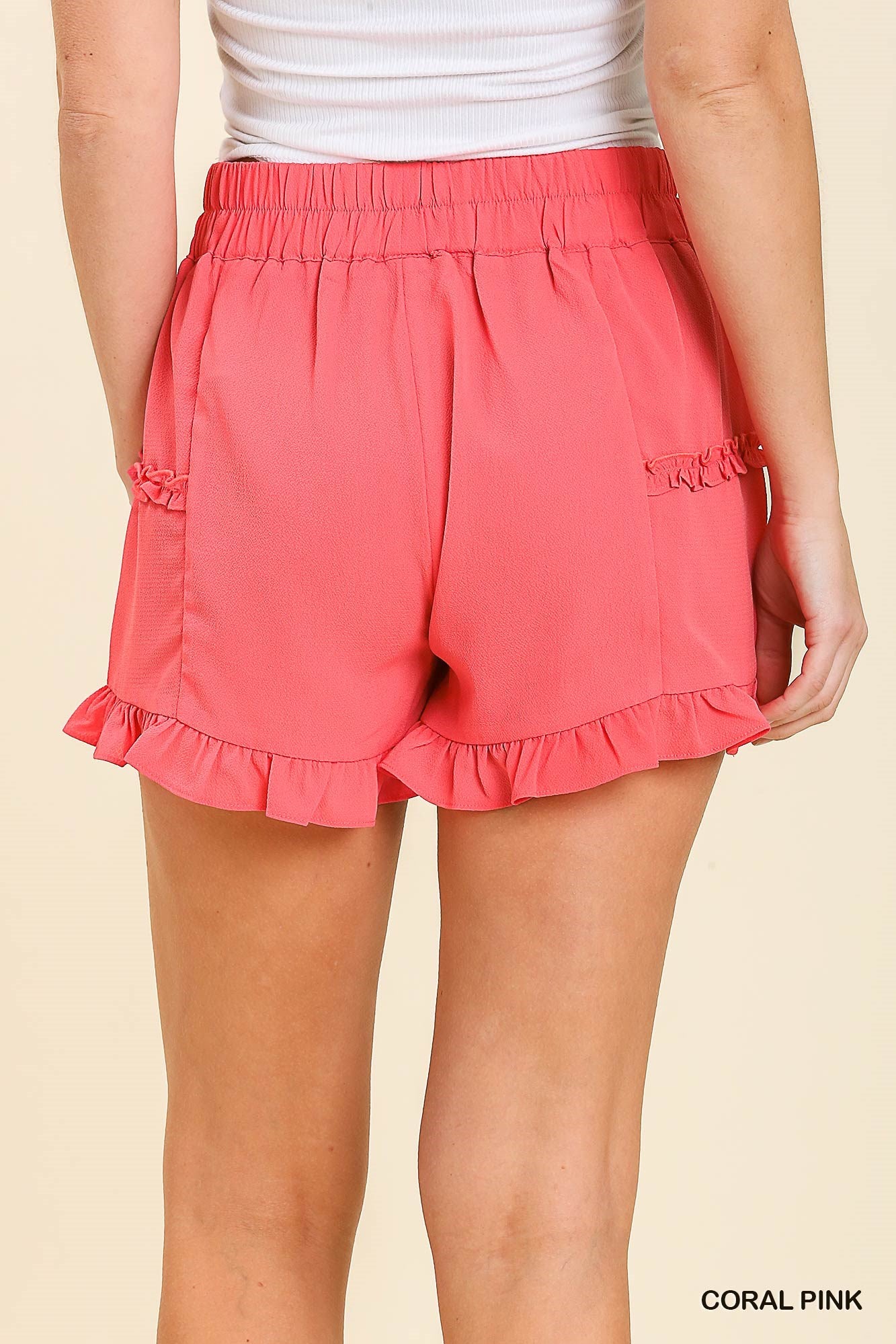 Umgee Elastic Waistband High Waisted Ruffle Trim Shorts