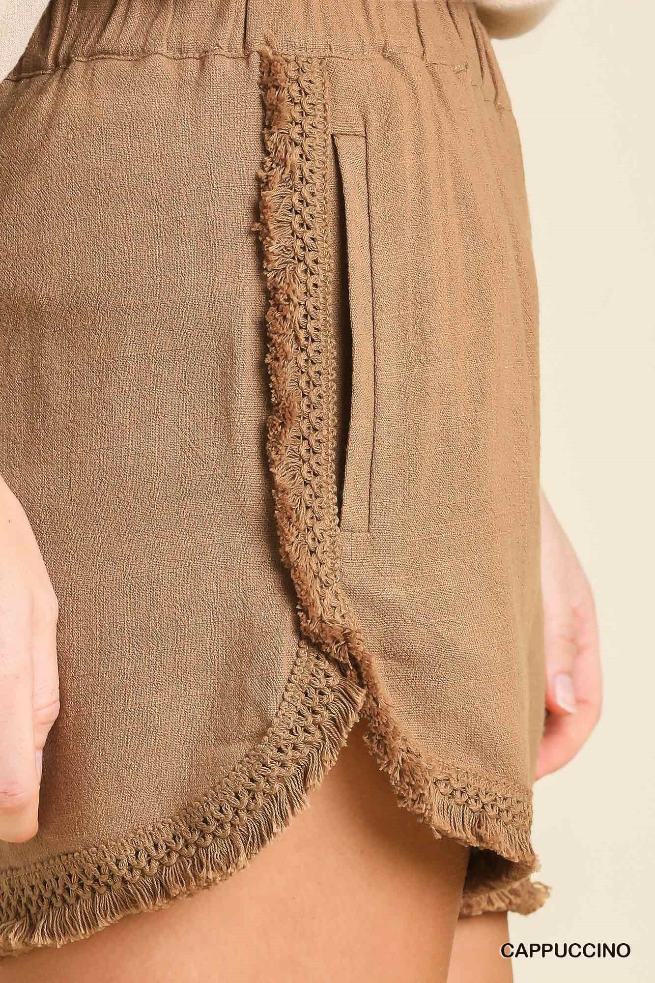 Umgee Linen Blend Elastic Waist Band Frayed Hem Side Pockets Shorts