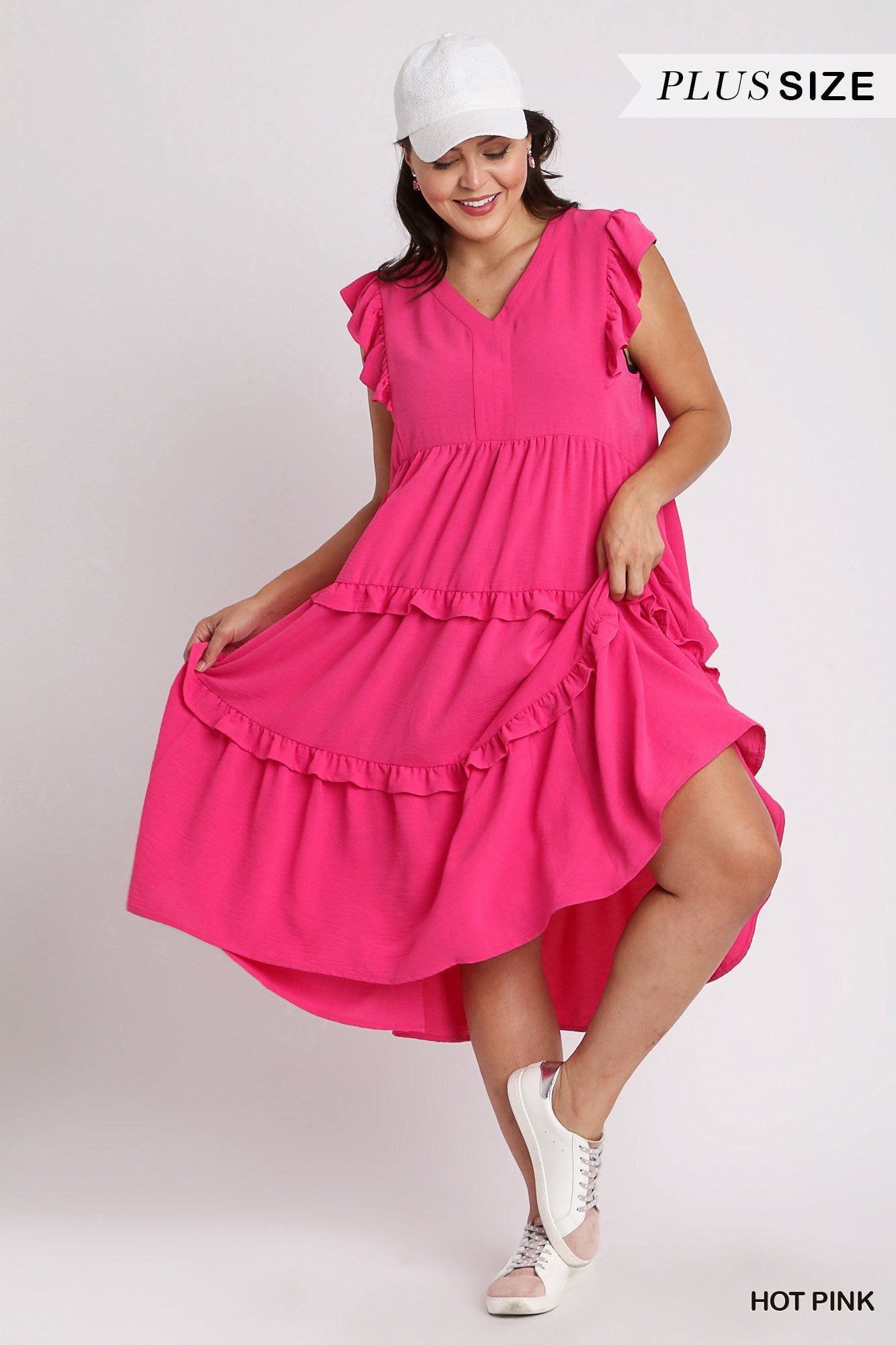 Umgee Plus Ruffle Flutter Sleeves Tiered Midi Dress