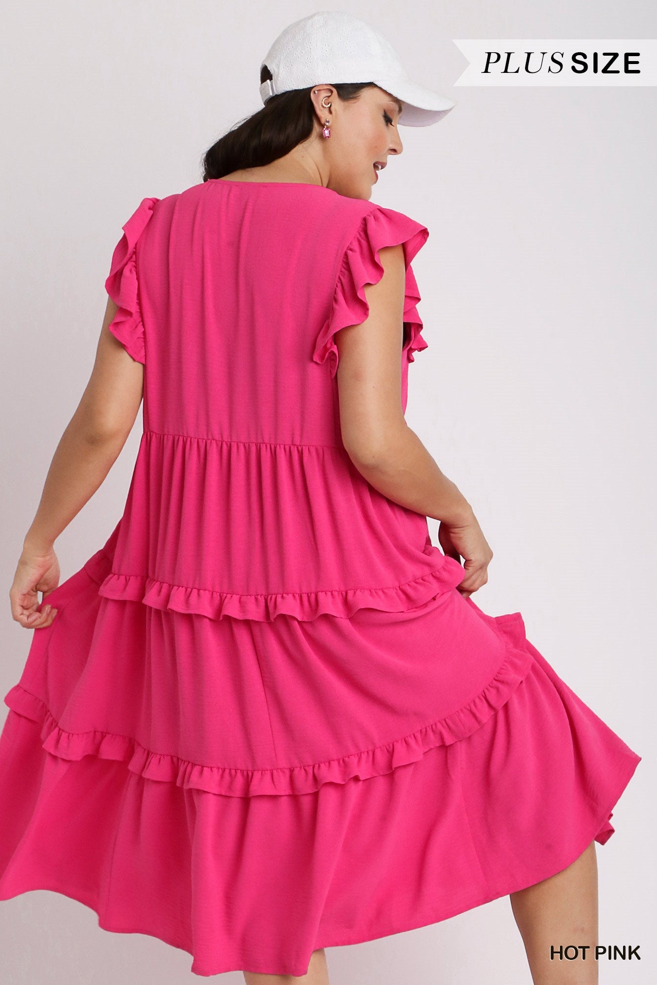 Umgee Plus Ruffle Flutter Sleeves Tiered Midi Dress