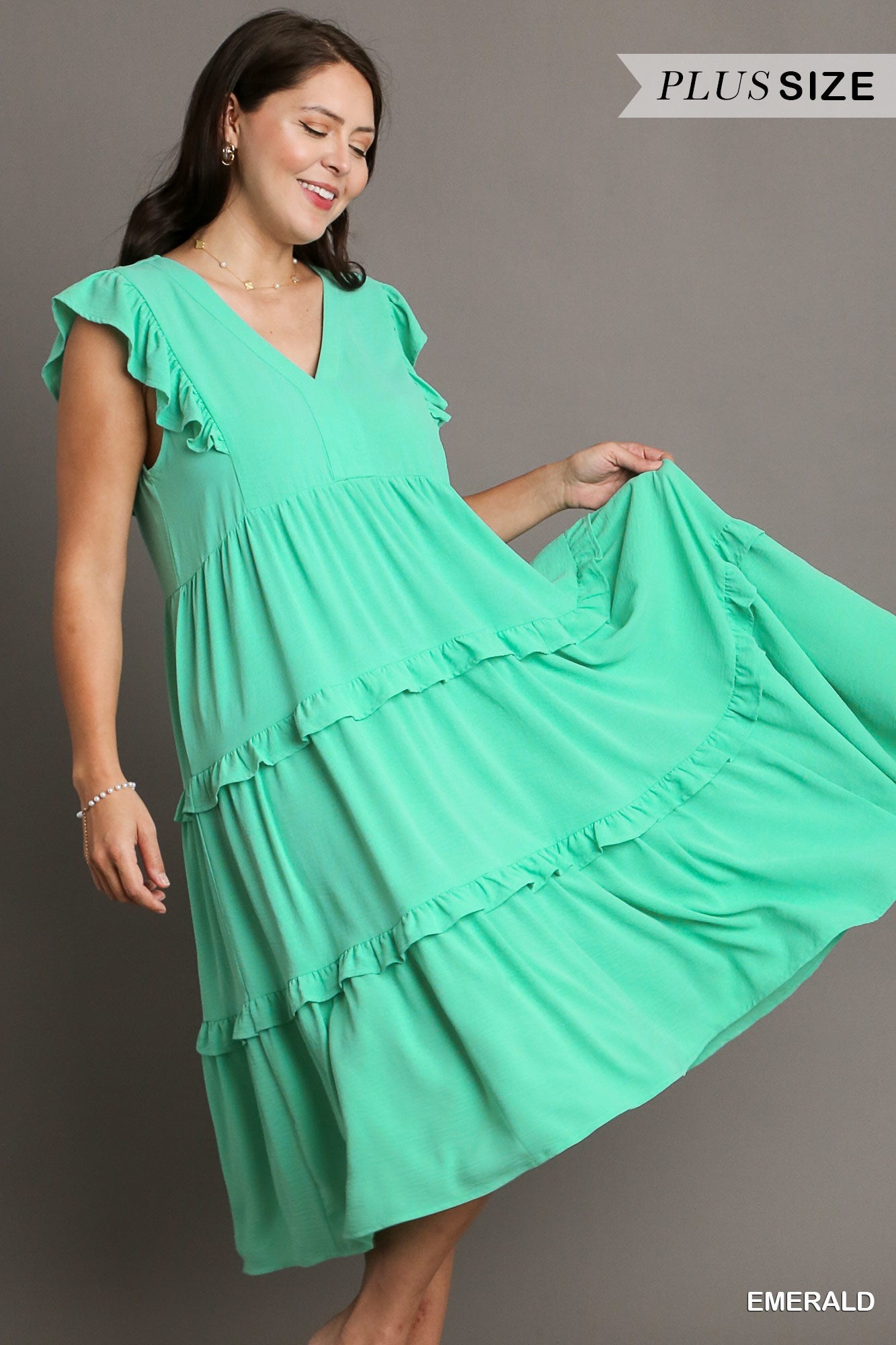 Umgee Plus Ruffle Flutter Sleeves Tiered Midi Dress