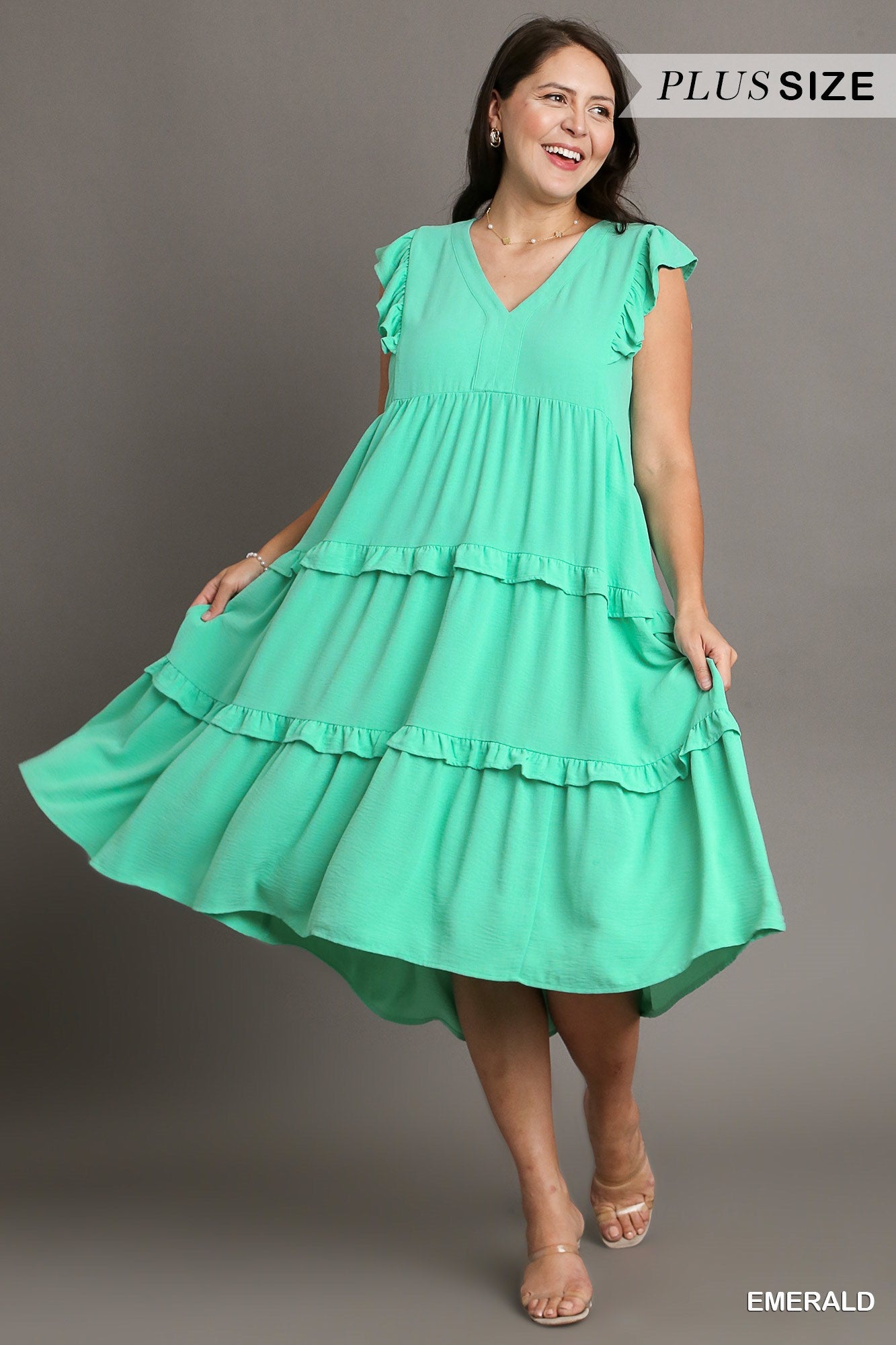 Umgee Plus Ruffle Flutter Sleeves Tiered Midi Dress