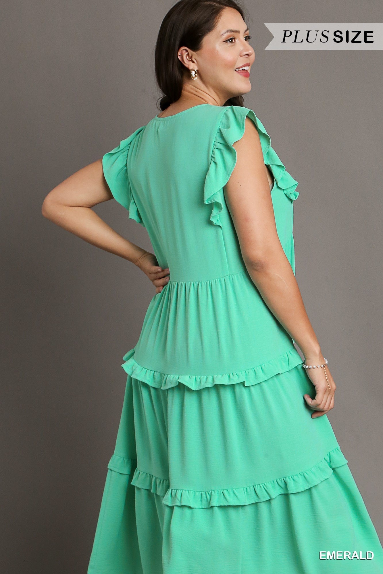 Umgee Plus Ruffle Flutter Sleeves Tiered Midi Dress