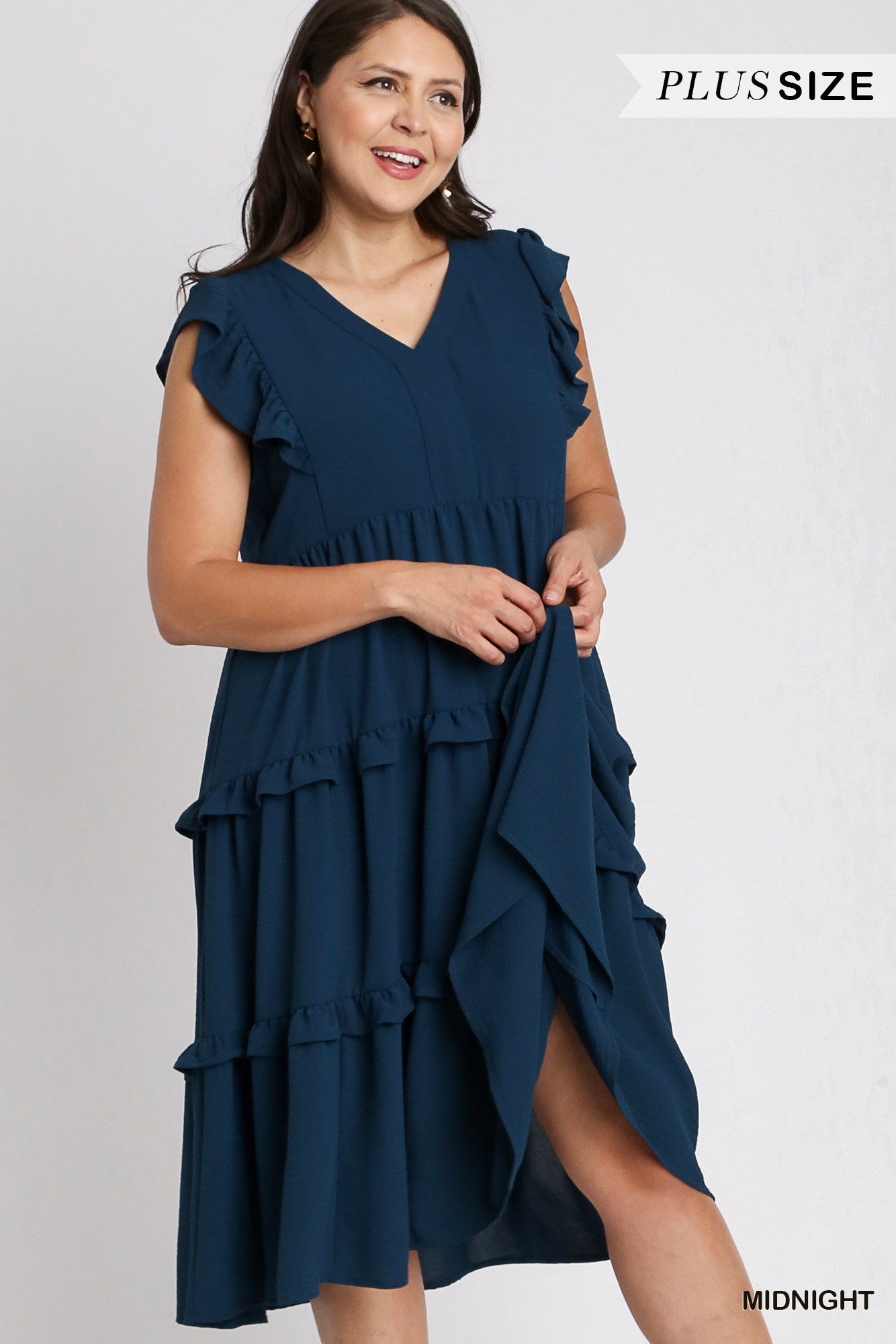 Umgee Plus Ruffle Flutter Sleeves Tiered Midi Dress