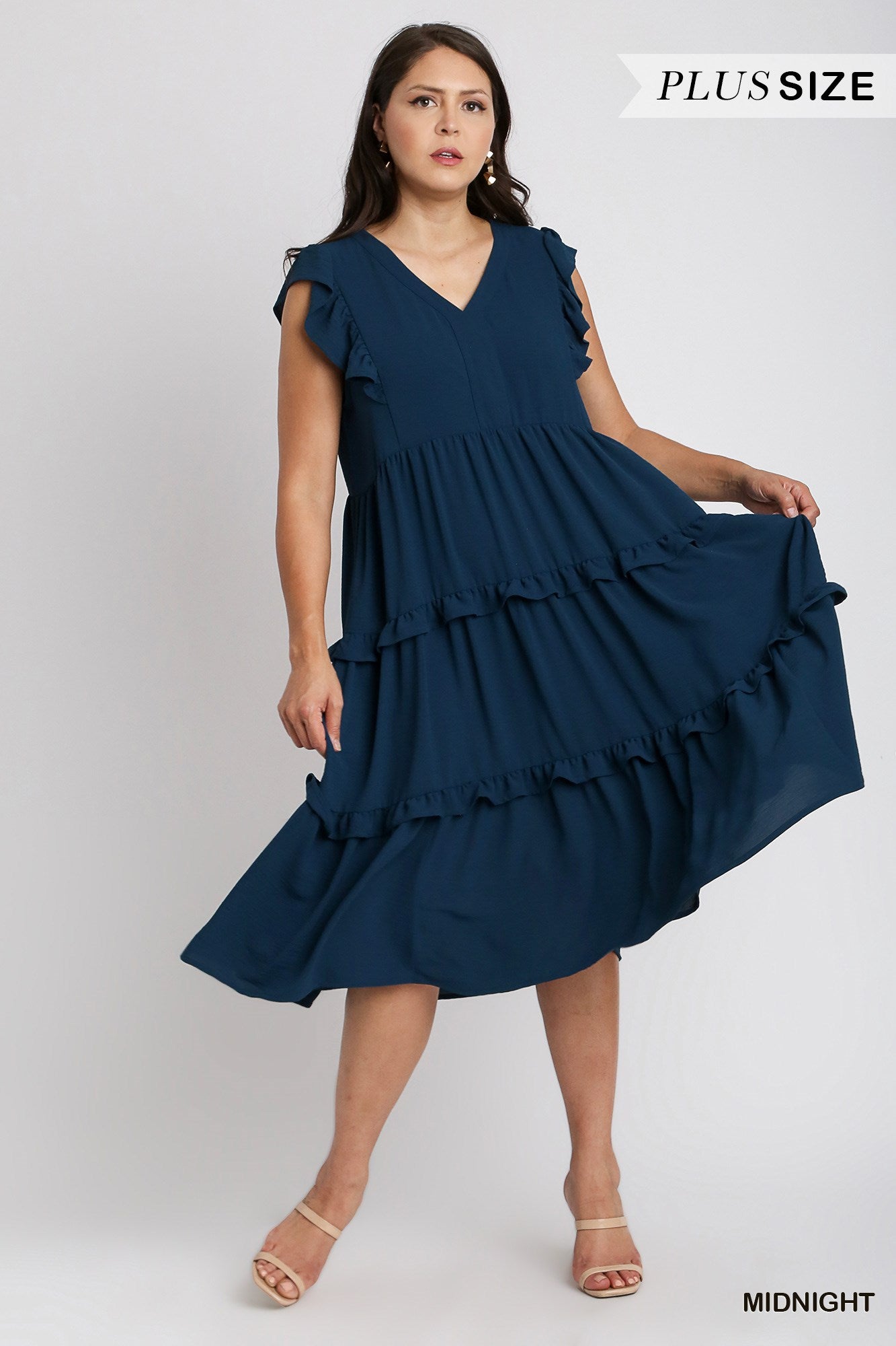 Umgee Plus Ruffle Flutter Sleeves Tiered Midi Dress