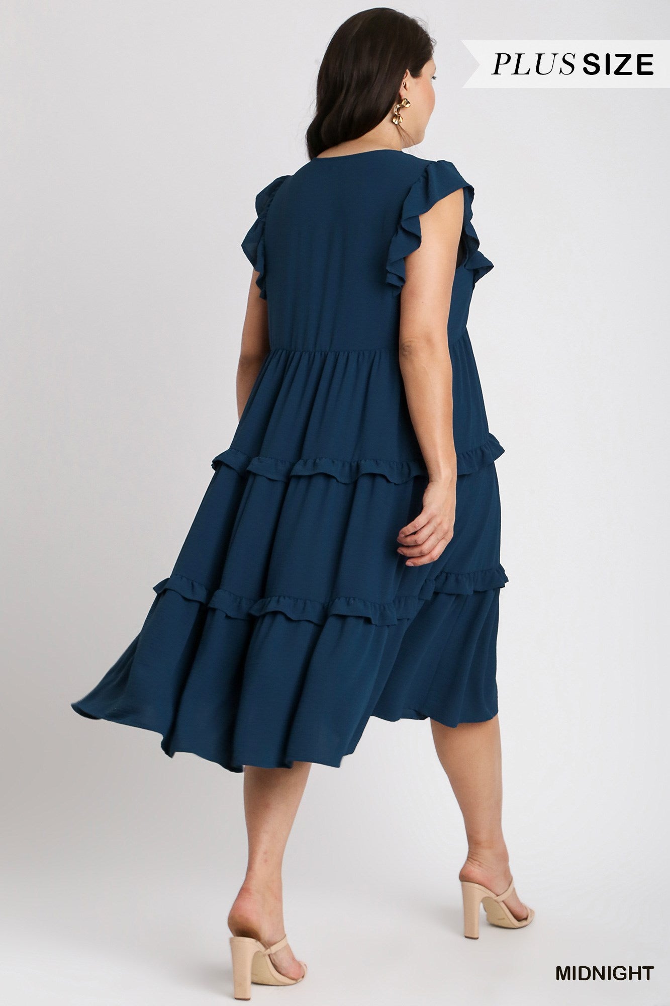 Umgee Plus Ruffle Flutter Sleeves Tiered Midi Dress