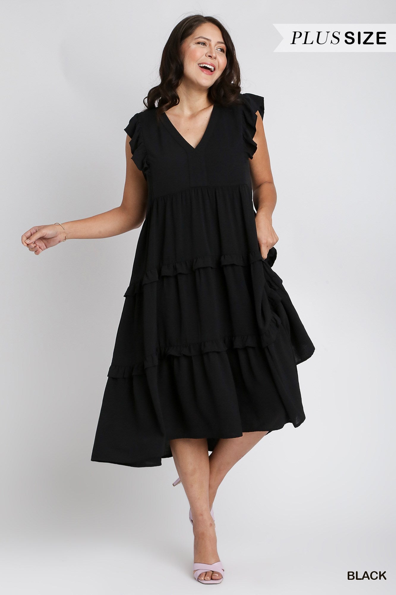 Umgee Plus Ruffle Flutter Sleeves Tiered Midi Dress