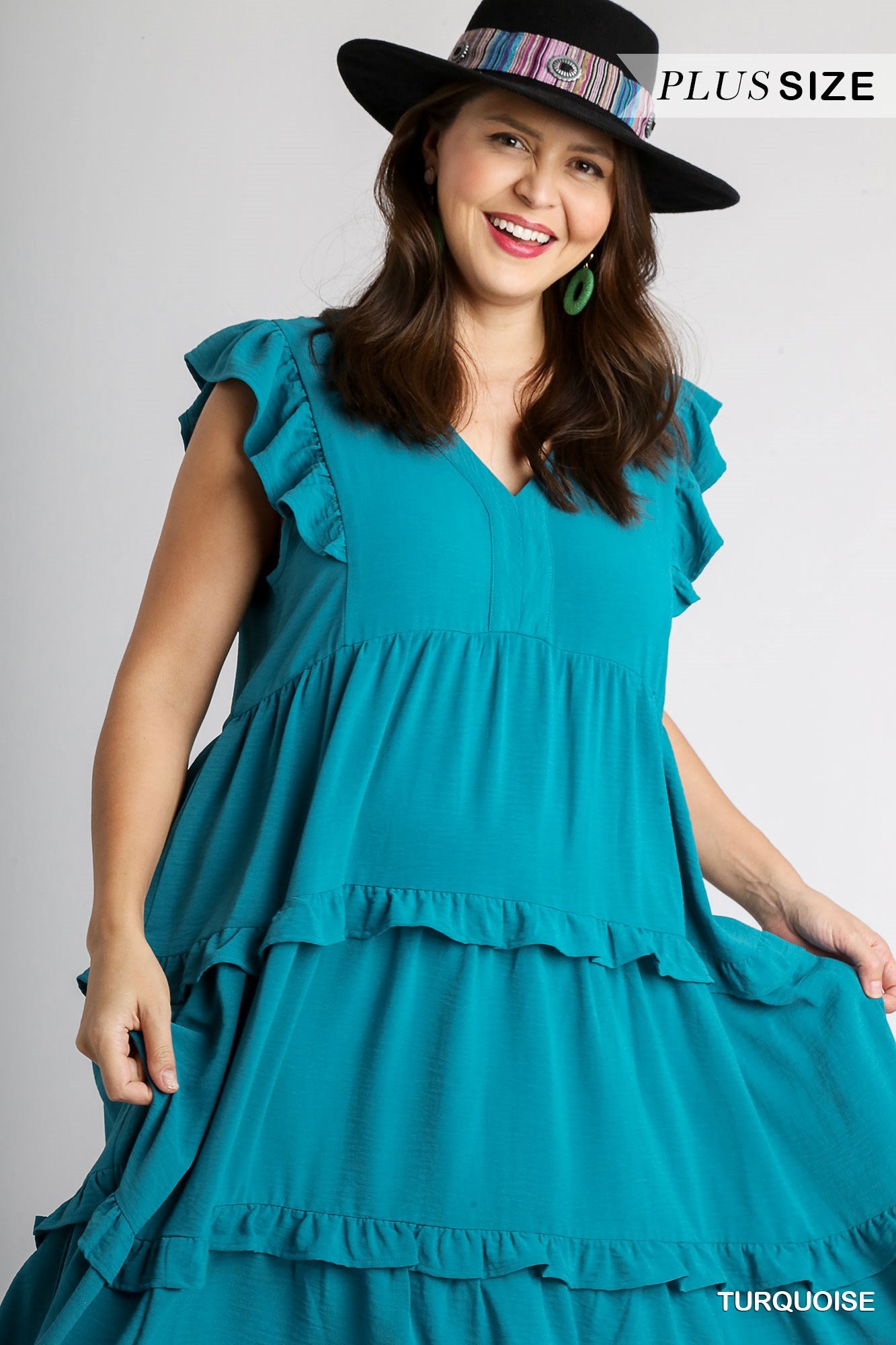 Umgee Plus Ruffle Flutter Sleeves Tiered Midi Dress