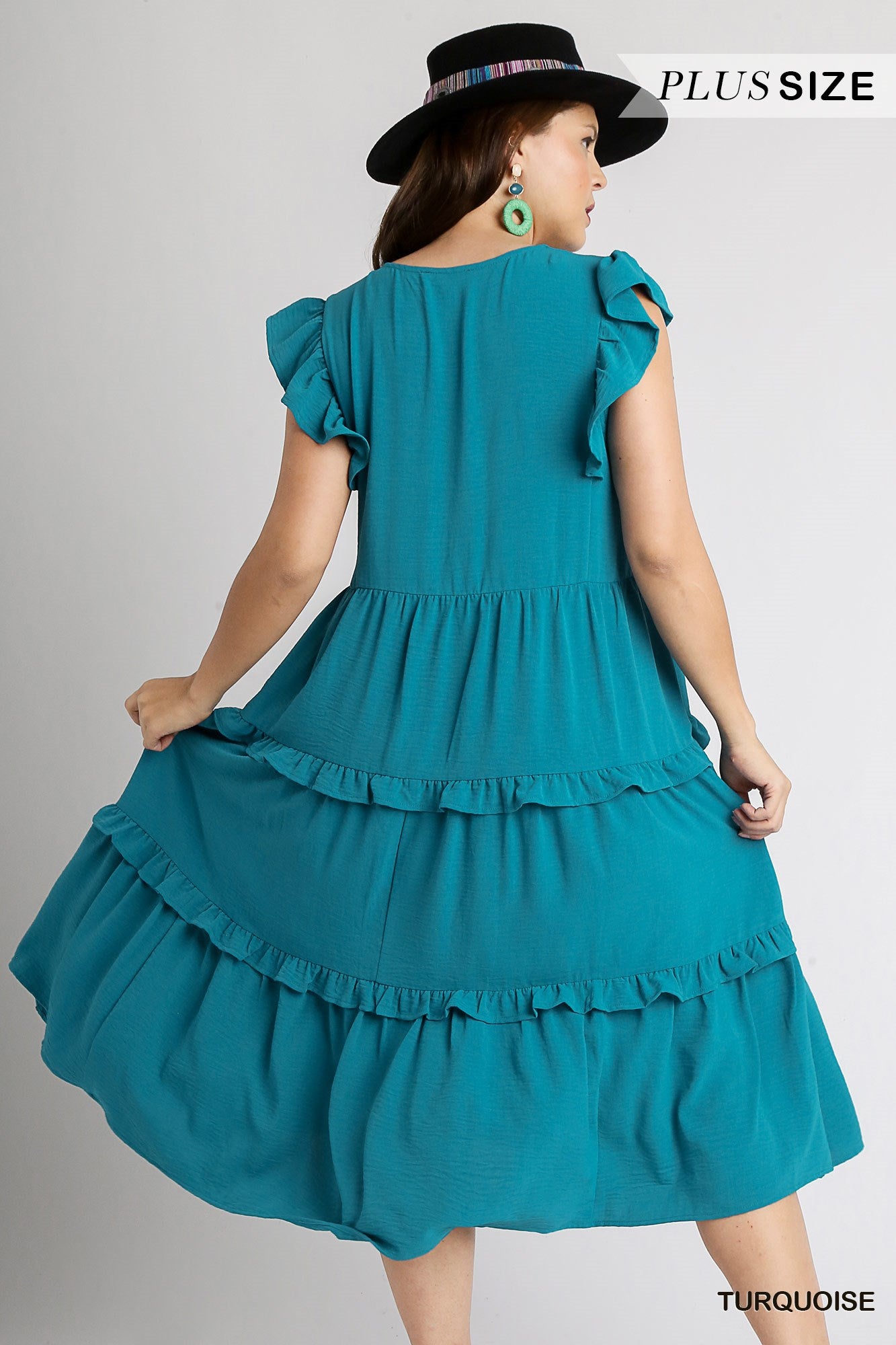 Umgee Plus Ruffle Flutter Sleeves Tiered Midi Dress