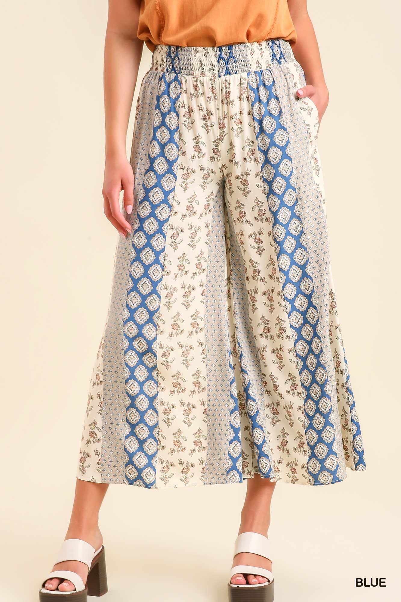 Umgee Elastic Waistband Mixed Boarder Print Side Pockets Pants