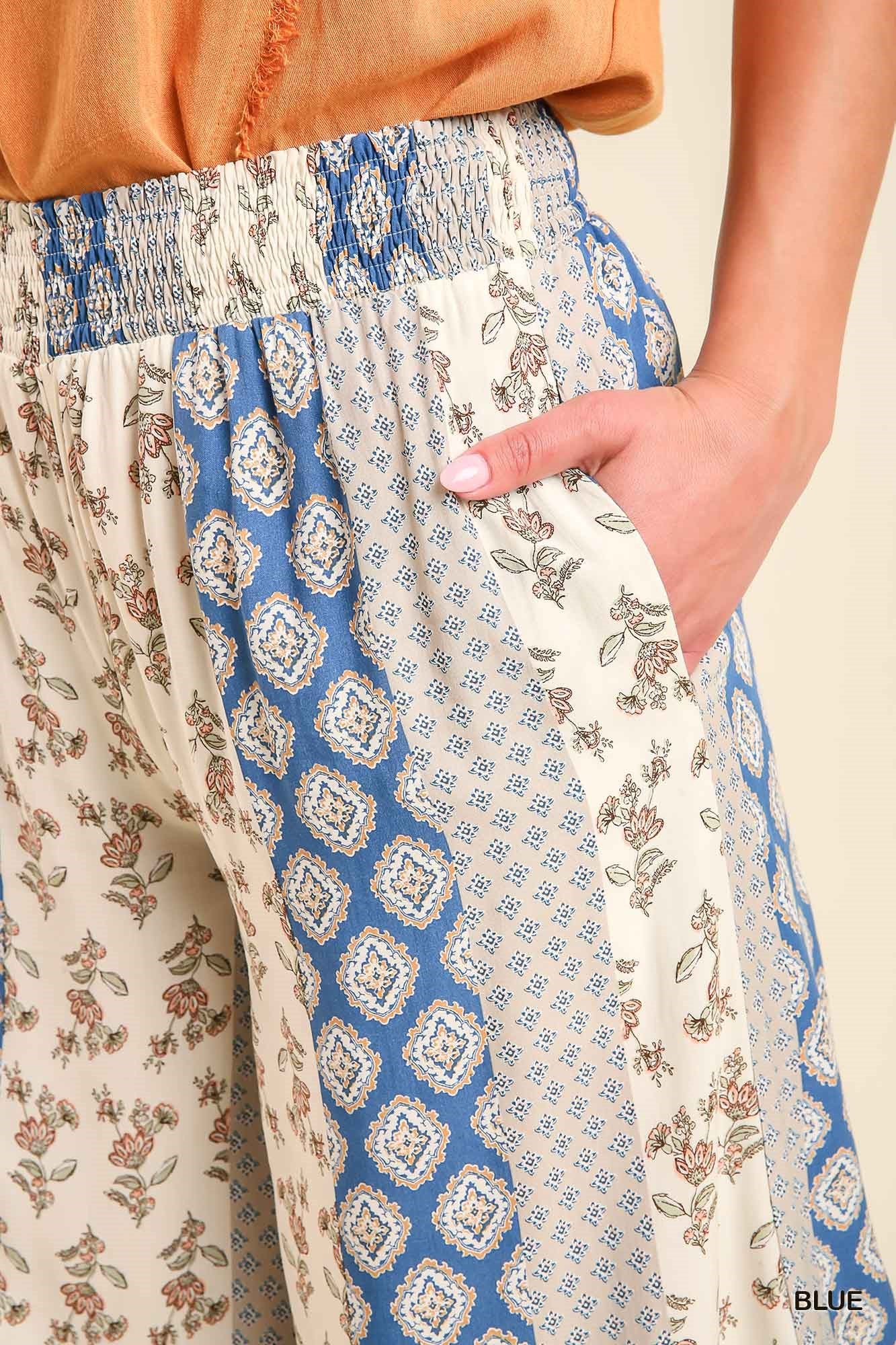 Umgee Elastic Waistband Mixed Boarder Print Side Pockets Pants