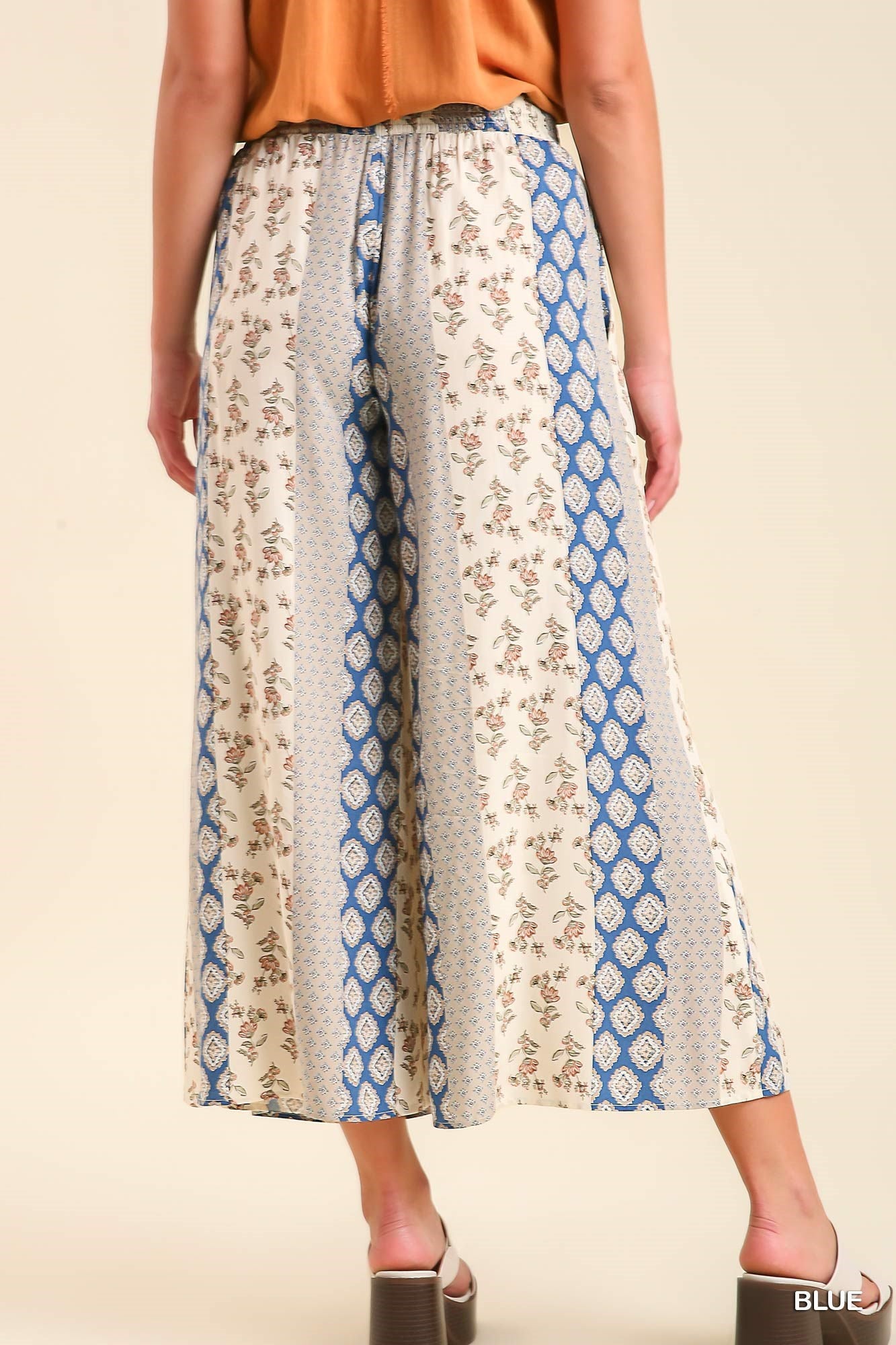 Umgee Elastic Waistband Mixed Boarder Print Side Pockets Pants