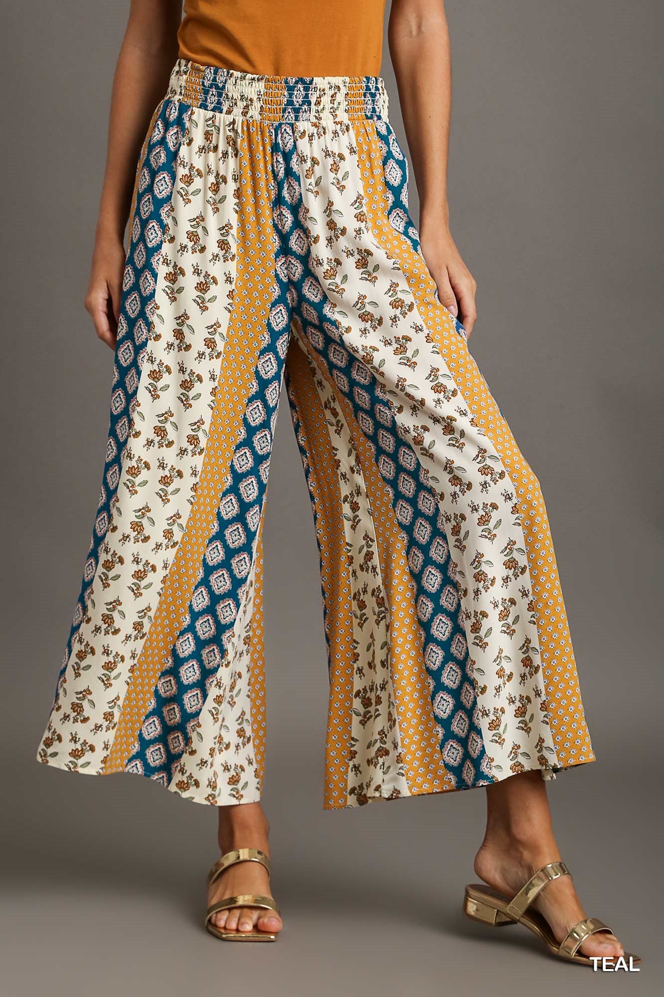 Umgee Elastic Waistband Mixed Boarder Print Side Pockets Pants