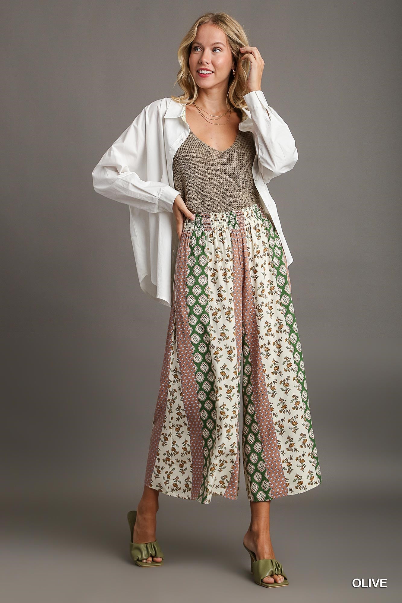 Umgee Elastic Waistband Mixed Boarder Print Side Pockets Pants