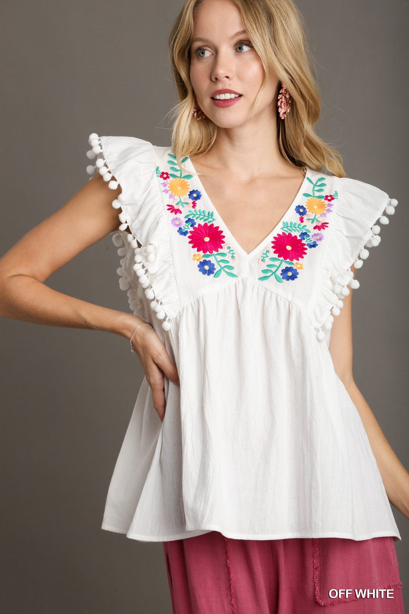 Umgee Floral Embroidery V Neckline Pom Pom No Lining Details Top - Roulhac Fashion Boutique