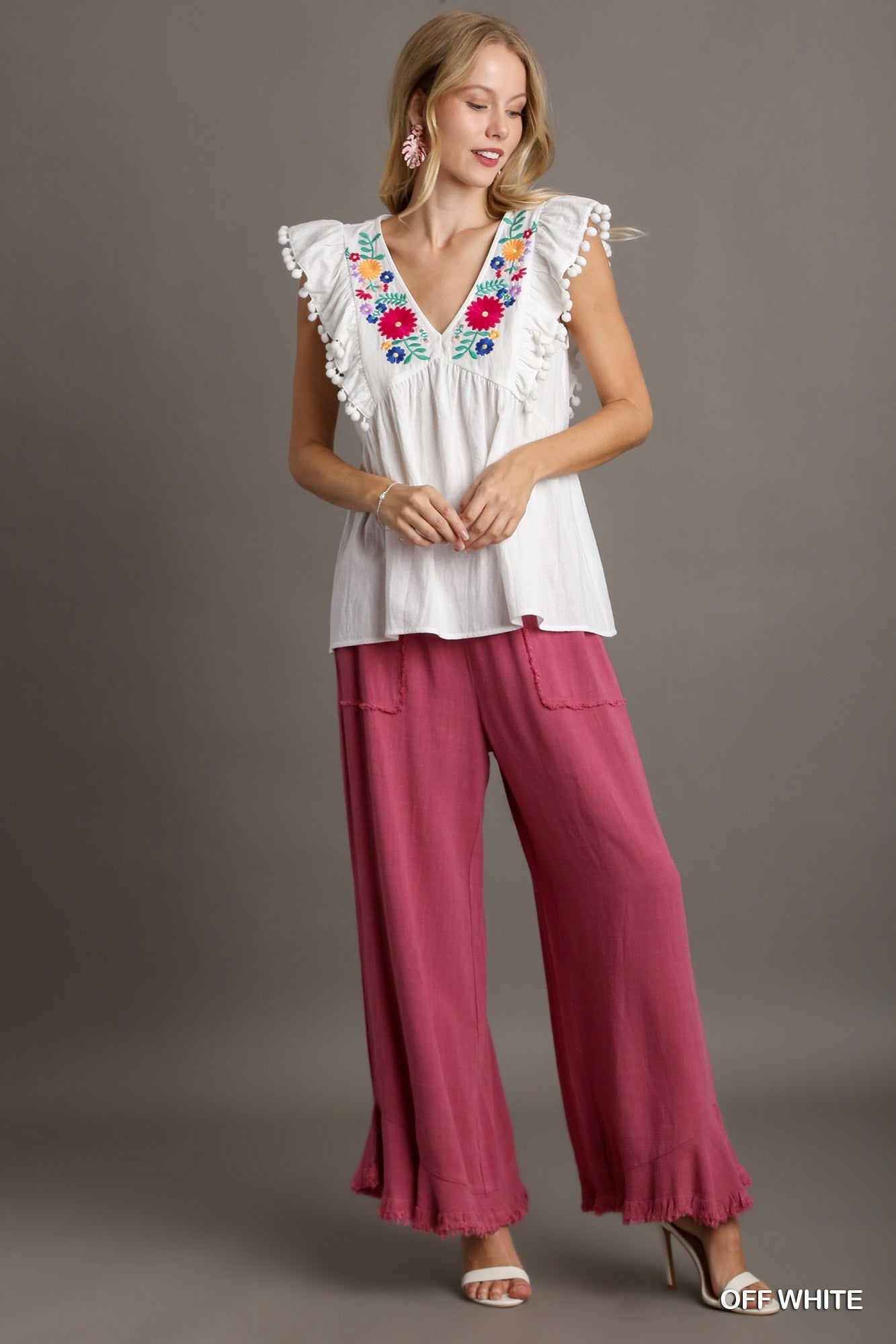 Umgee Floral Embroidery V Neckline Pom Pom No Lining Details Top - Roulhac Fashion Boutique