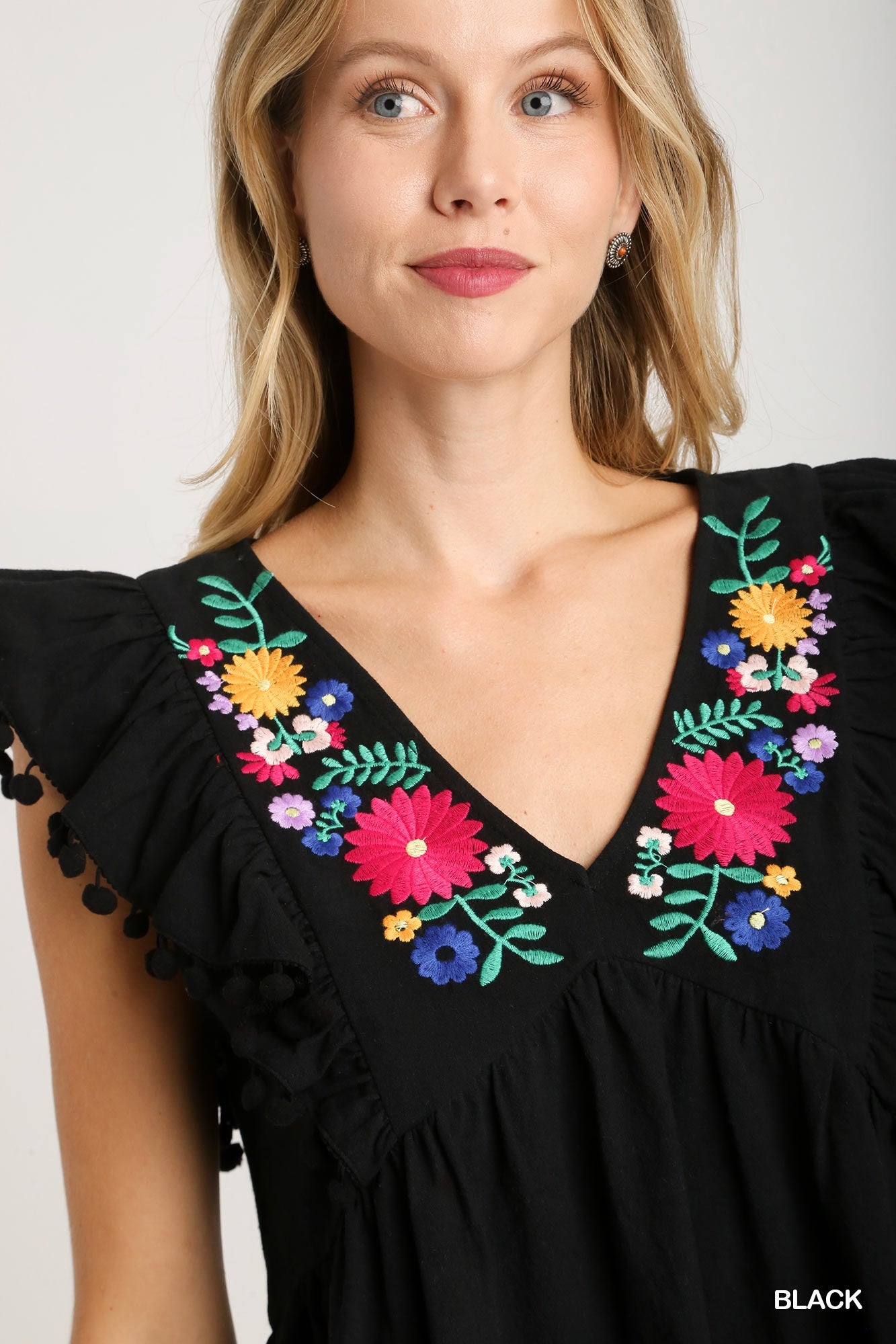 Umgee Floral Embroidery V Neckline Pom Pom No Lining Details Top