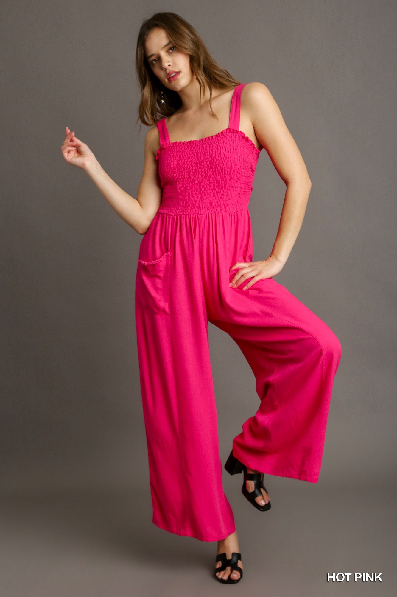 Umgee Linen Blend Sleeveless Smocked Front Side Pockets Jumpsuit