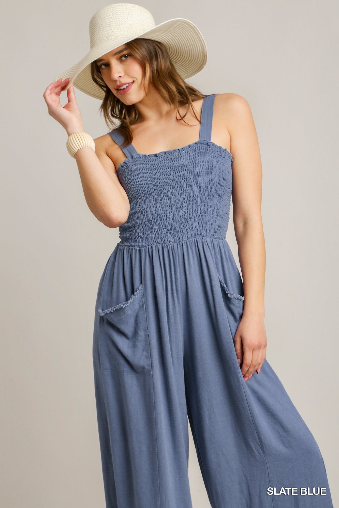 Umgee Linen Blend Sleeveless Smocked Front Side Pockets Jumpsuit