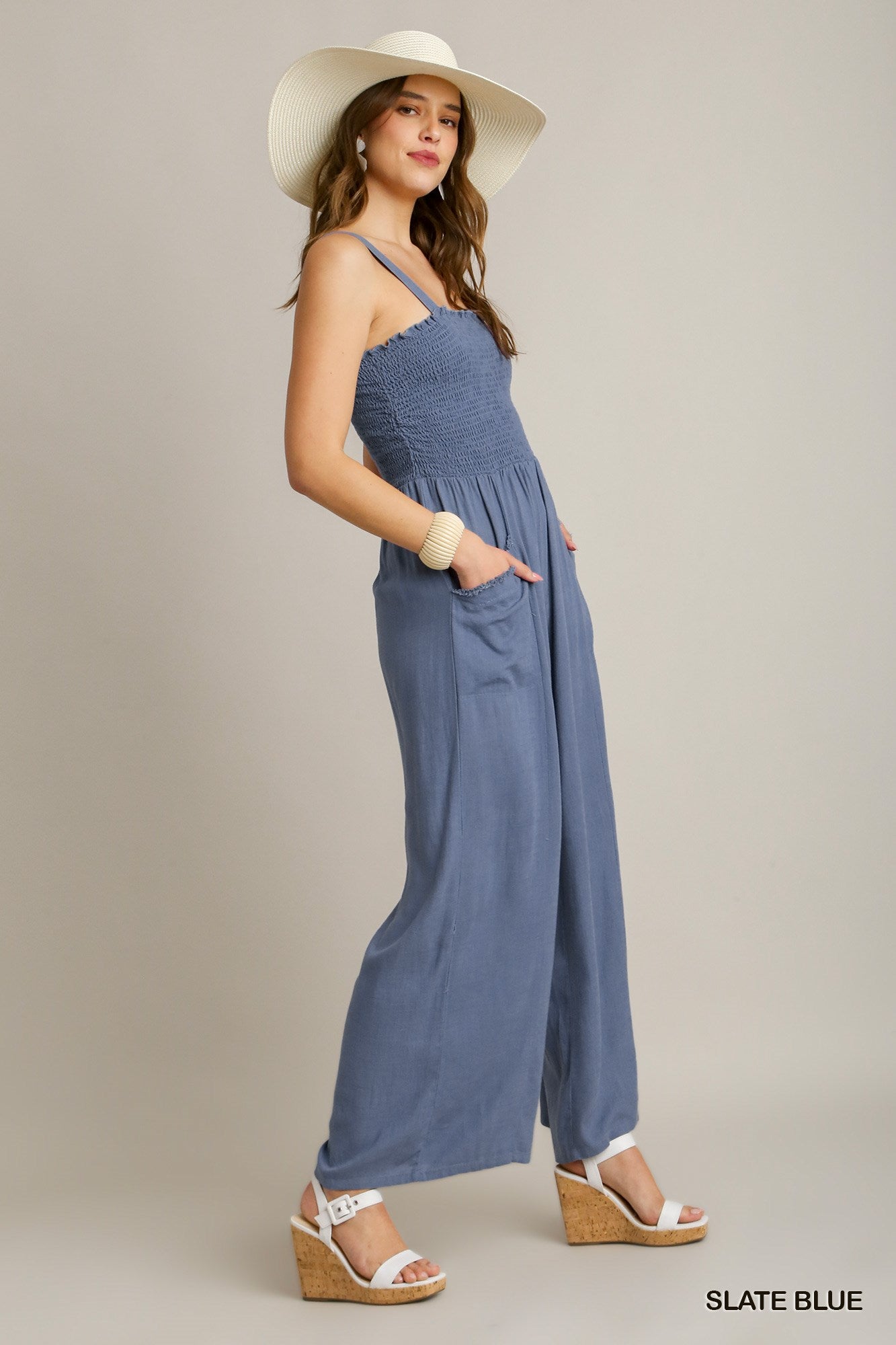 Umgee Linen Blend Sleeveless Smocked Front Side Pockets Jumpsuit