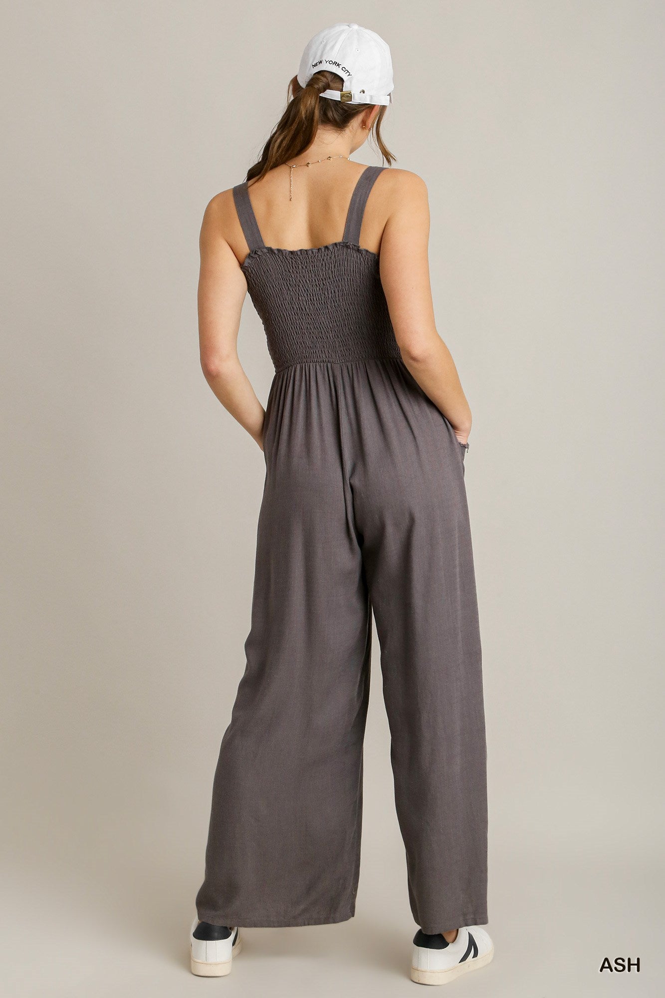 Umgee Linen Blend Sleeveless Smocked Front Side Pockets Jumpsuit