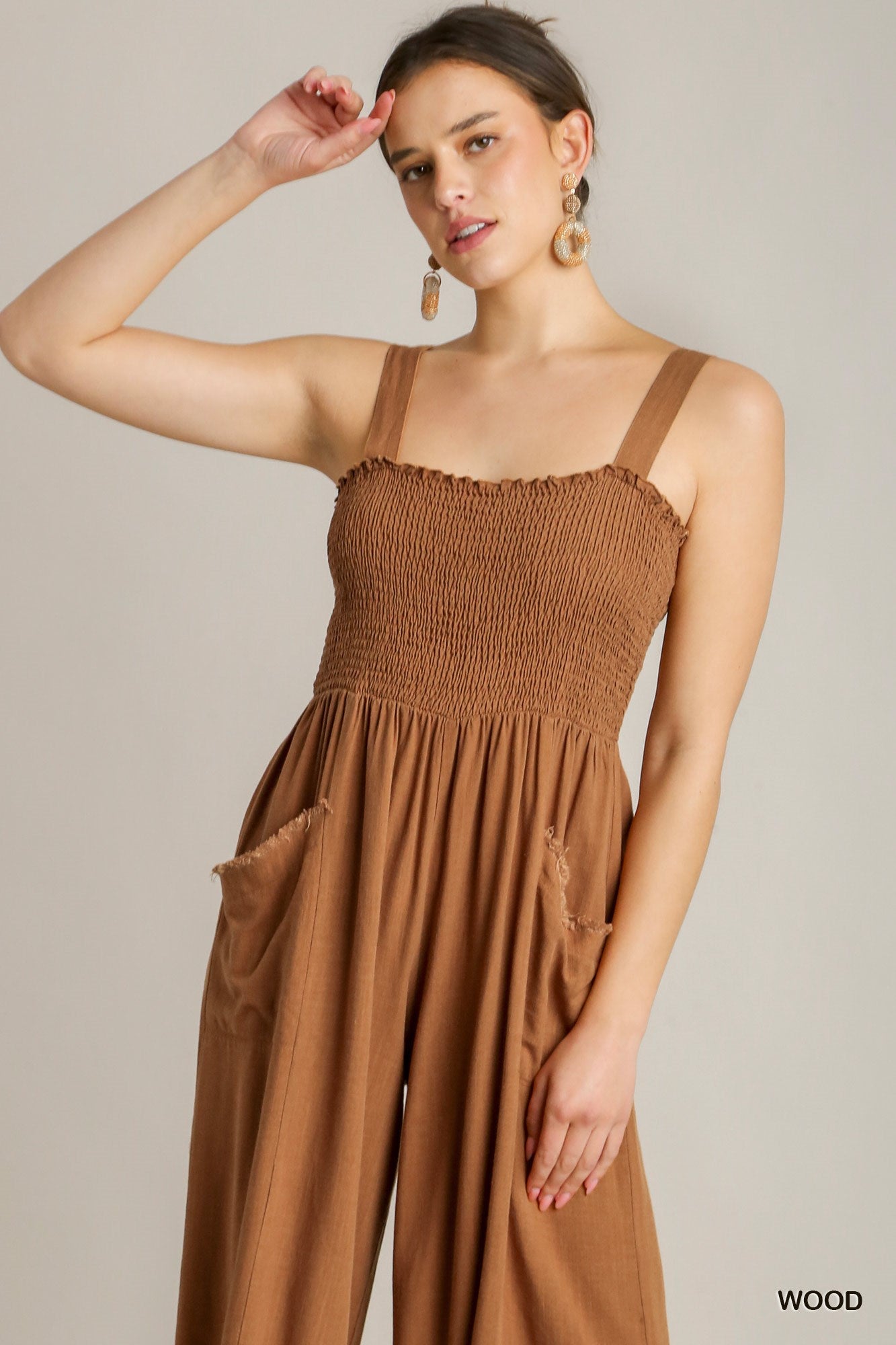 Umgee Linen Blend Sleeveless Smocked Front Side Pockets Jumpsuit