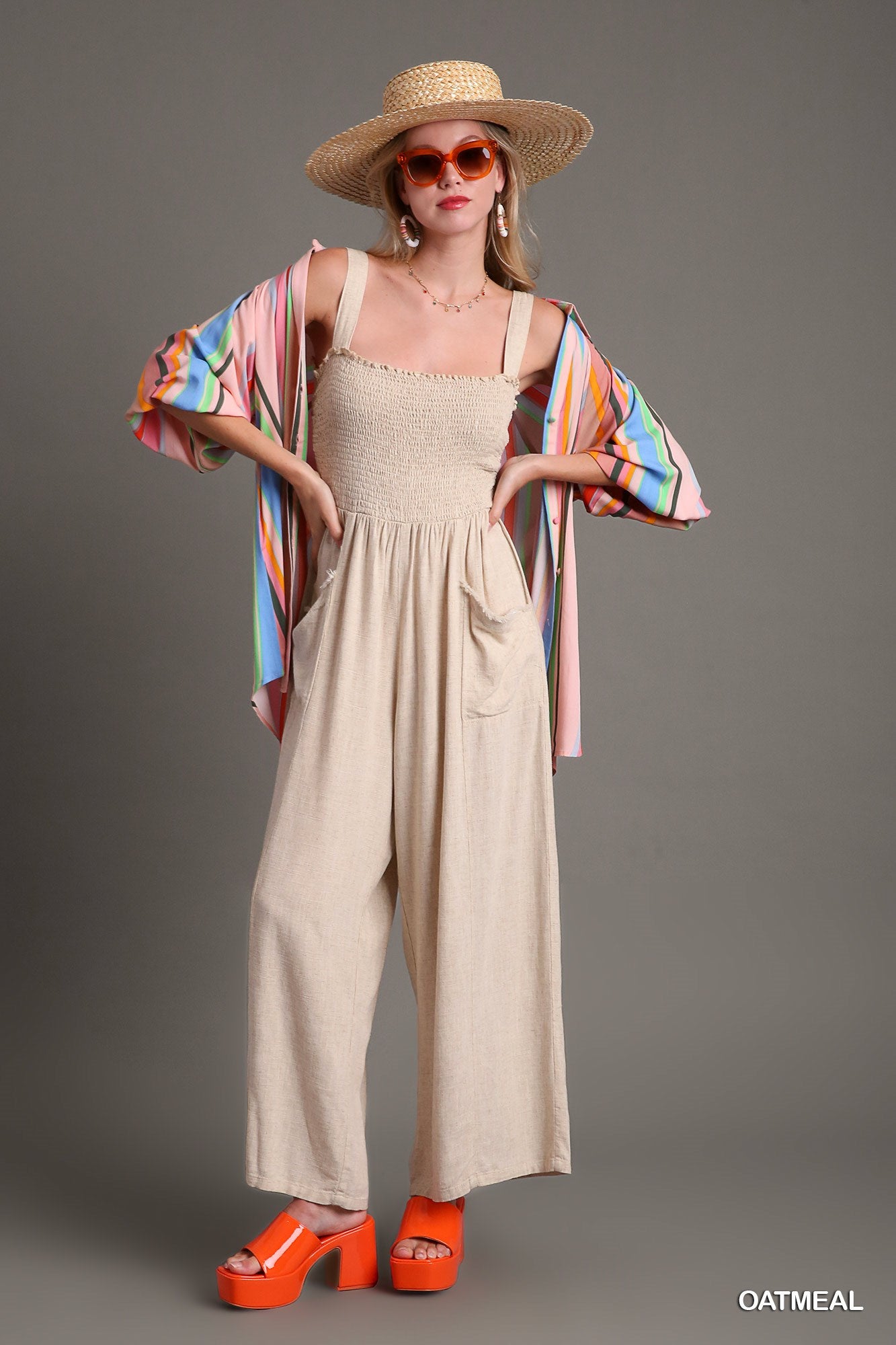 Umgee Linen Blend Sleeveless Smocked Front Side Pockets Jumpsuit