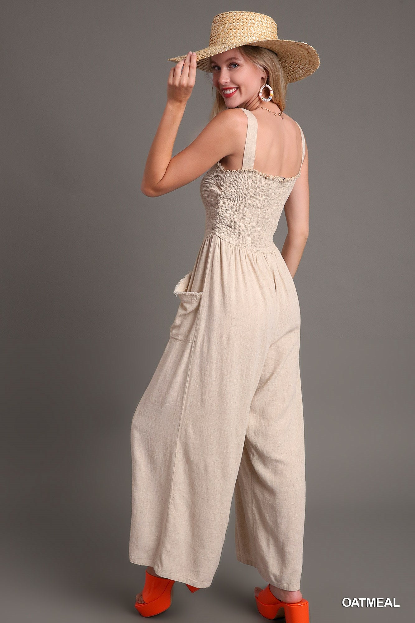 Umgee Linen Blend Sleeveless Smocked Front Side Pockets Jumpsuit