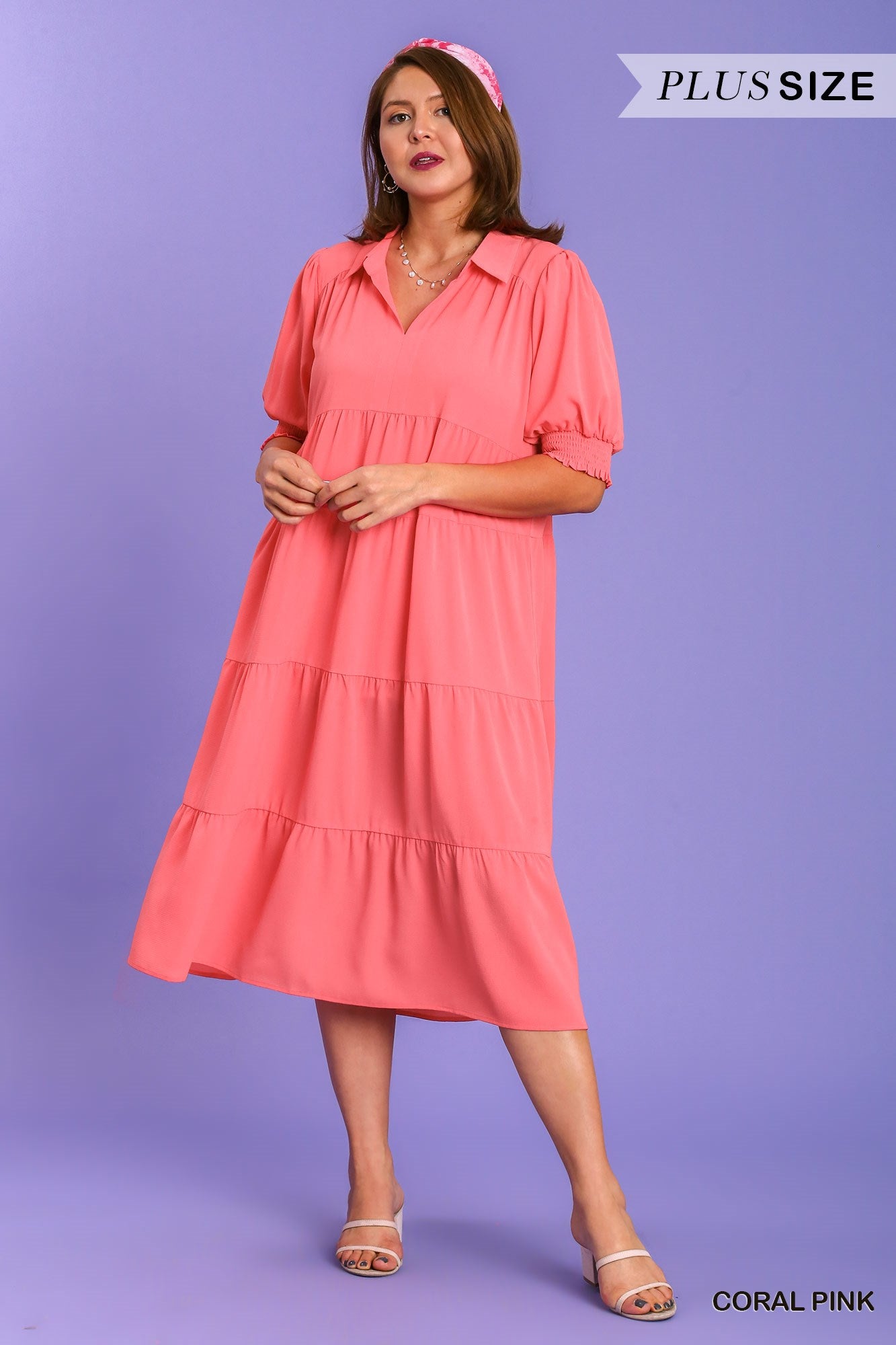 Umgee Plus Collared Cuffed 3/4 Sleeves Tiered Maxi Dress