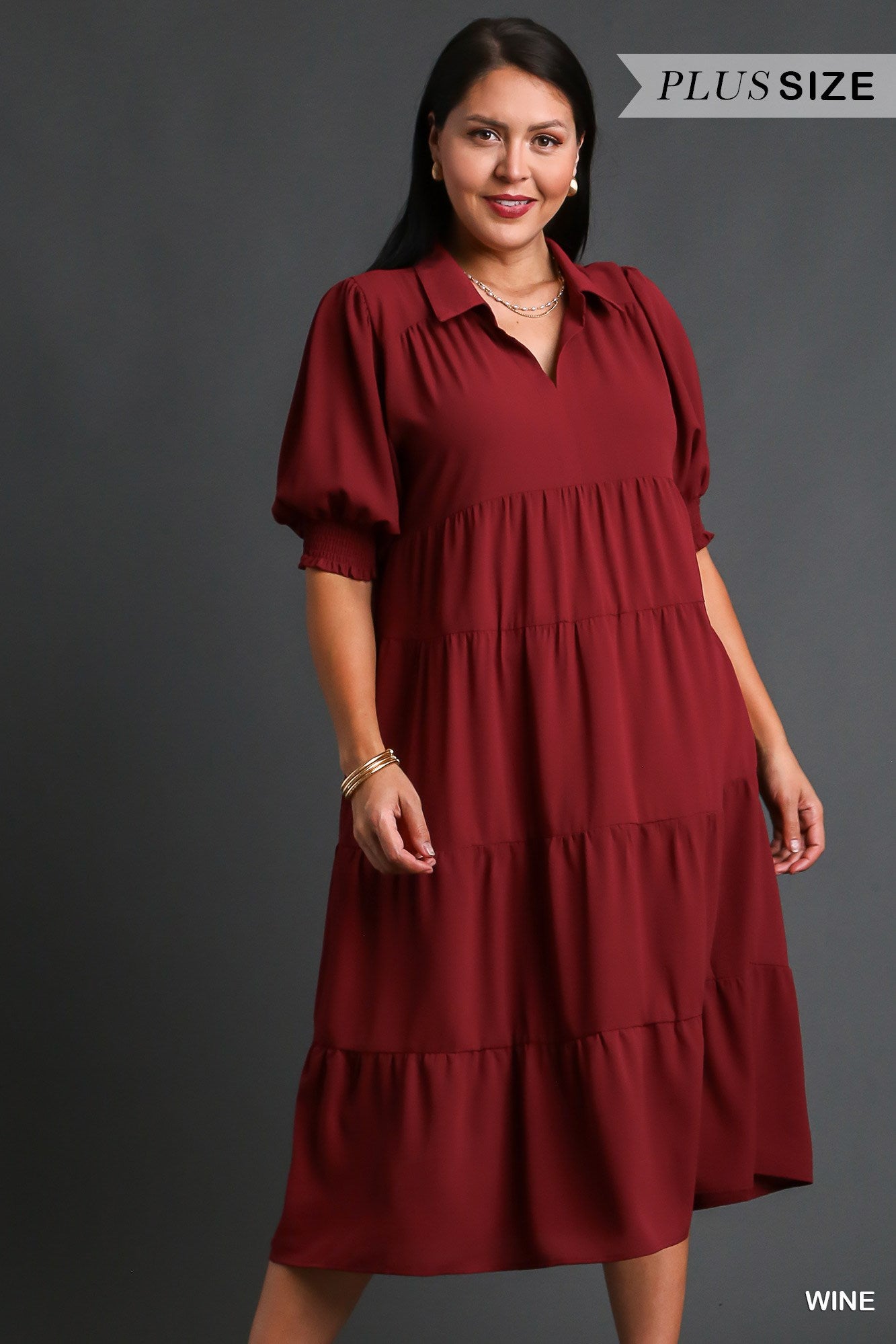 Umgee Plus Collared Cuffed 3/4 Sleeves Tiered Maxi Dress
