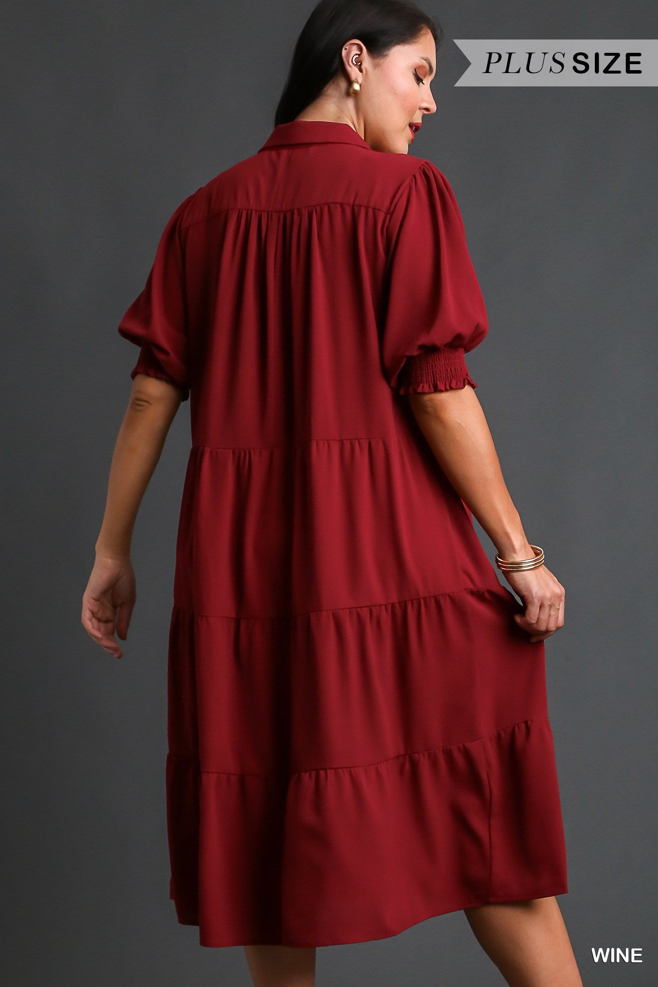 Umgee Plus Collared Cuffed 3/4 Sleeves Tiered Maxi Dress