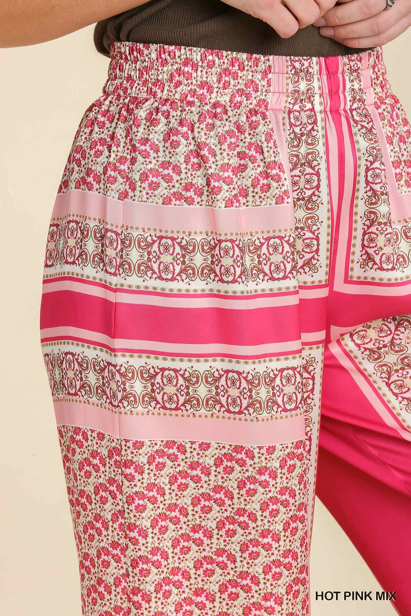 Umgee Scarf Print Wide Leg Elastic Waist Band Pants