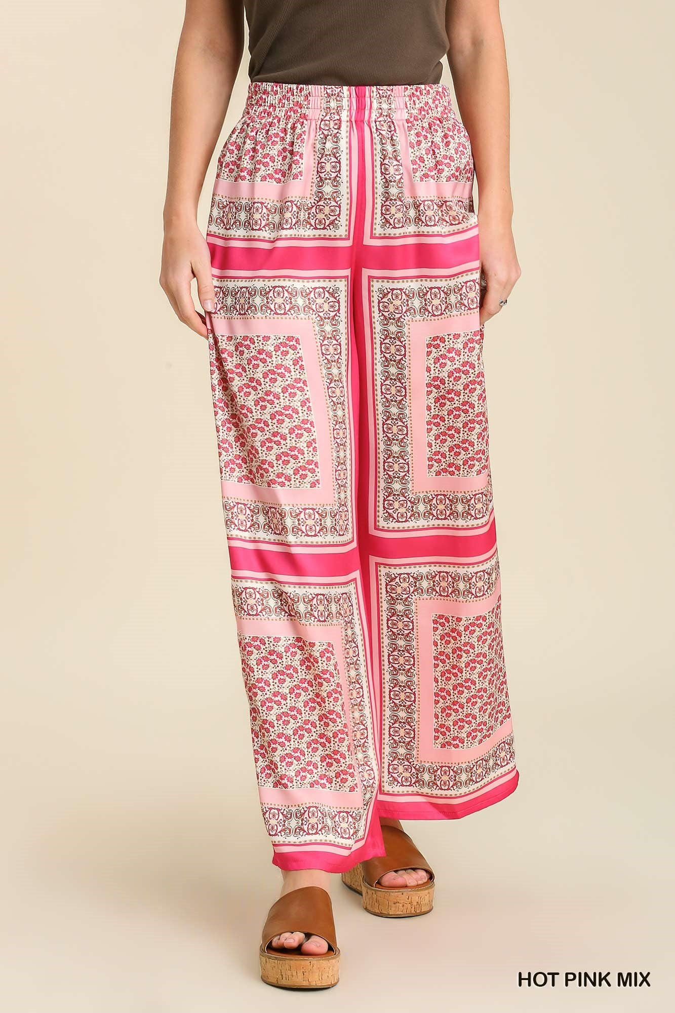 Umgee Scarf Print Wide Leg Elastic Waist Band Pants