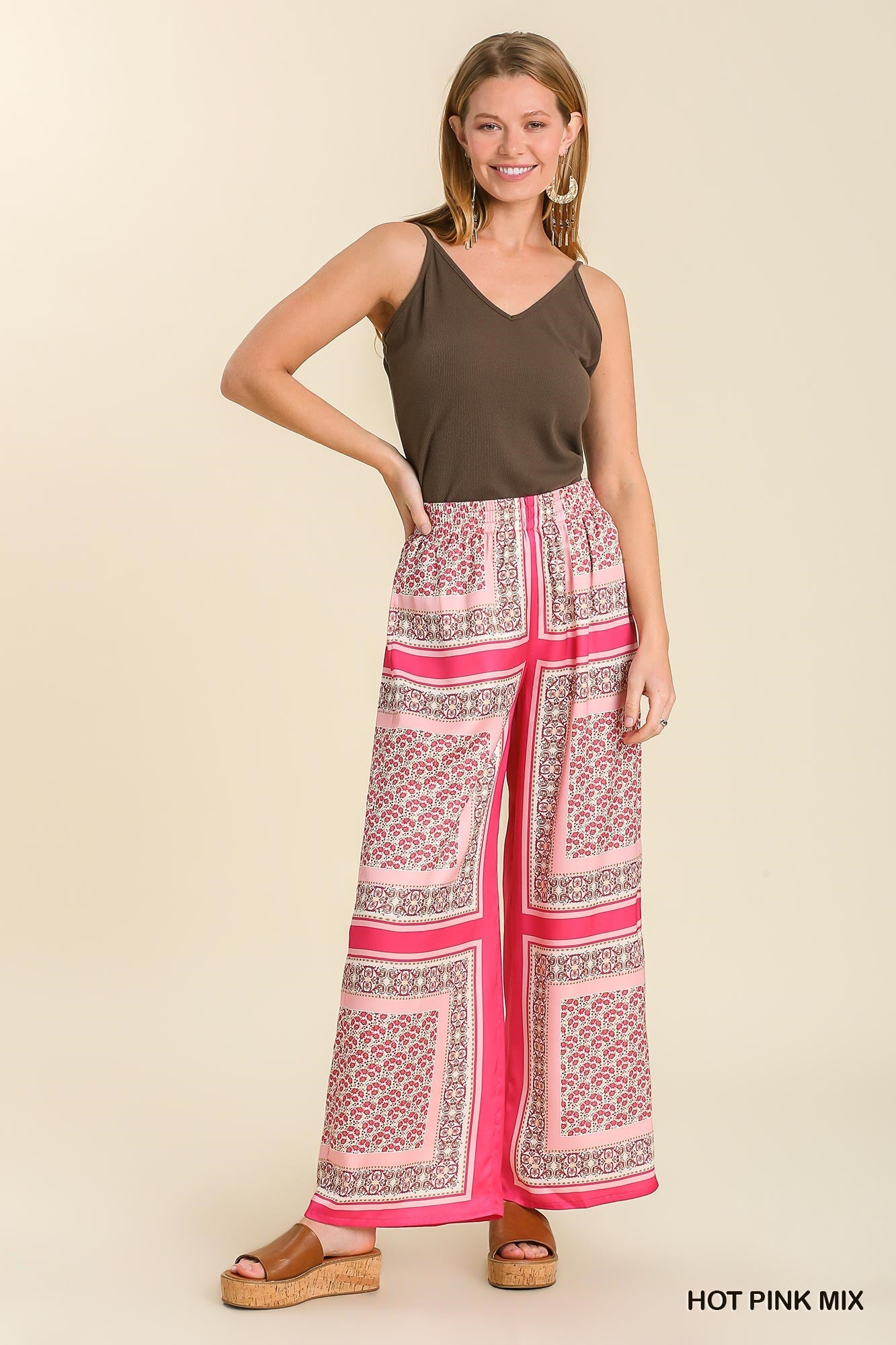 Umgee Scarf Print Wide Leg Elastic Waist Band Pants