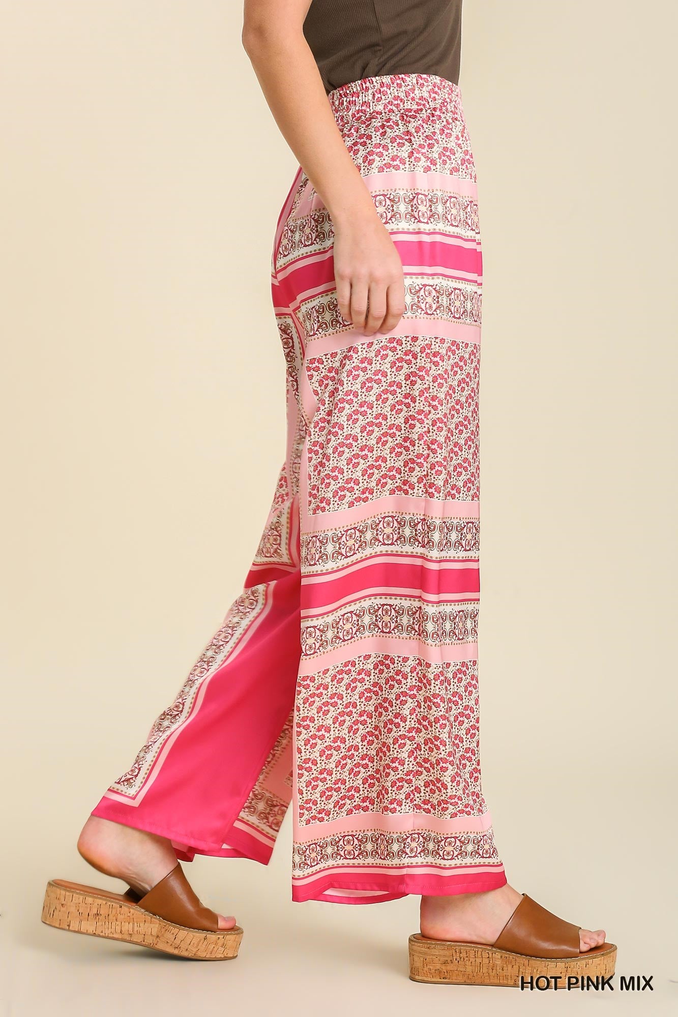 Umgee Scarf Print Wide Leg Elastic Waist Band Pants