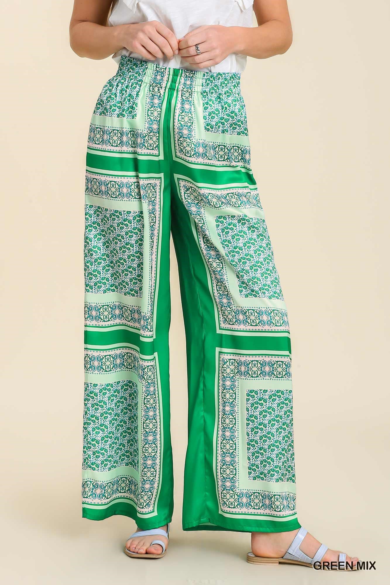 Umgee Scarf Print Wide Leg Elastic Waist Band Pants