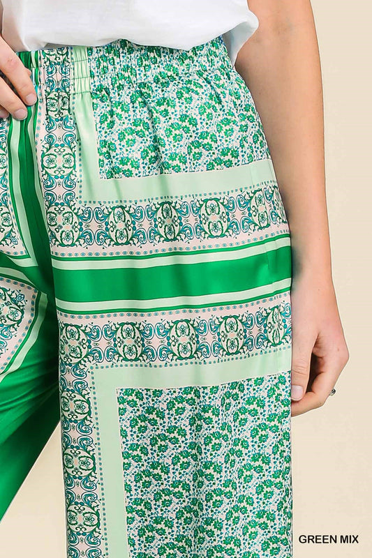 Umgee Scarf Print Wide Leg Elastic Waist Band Pants