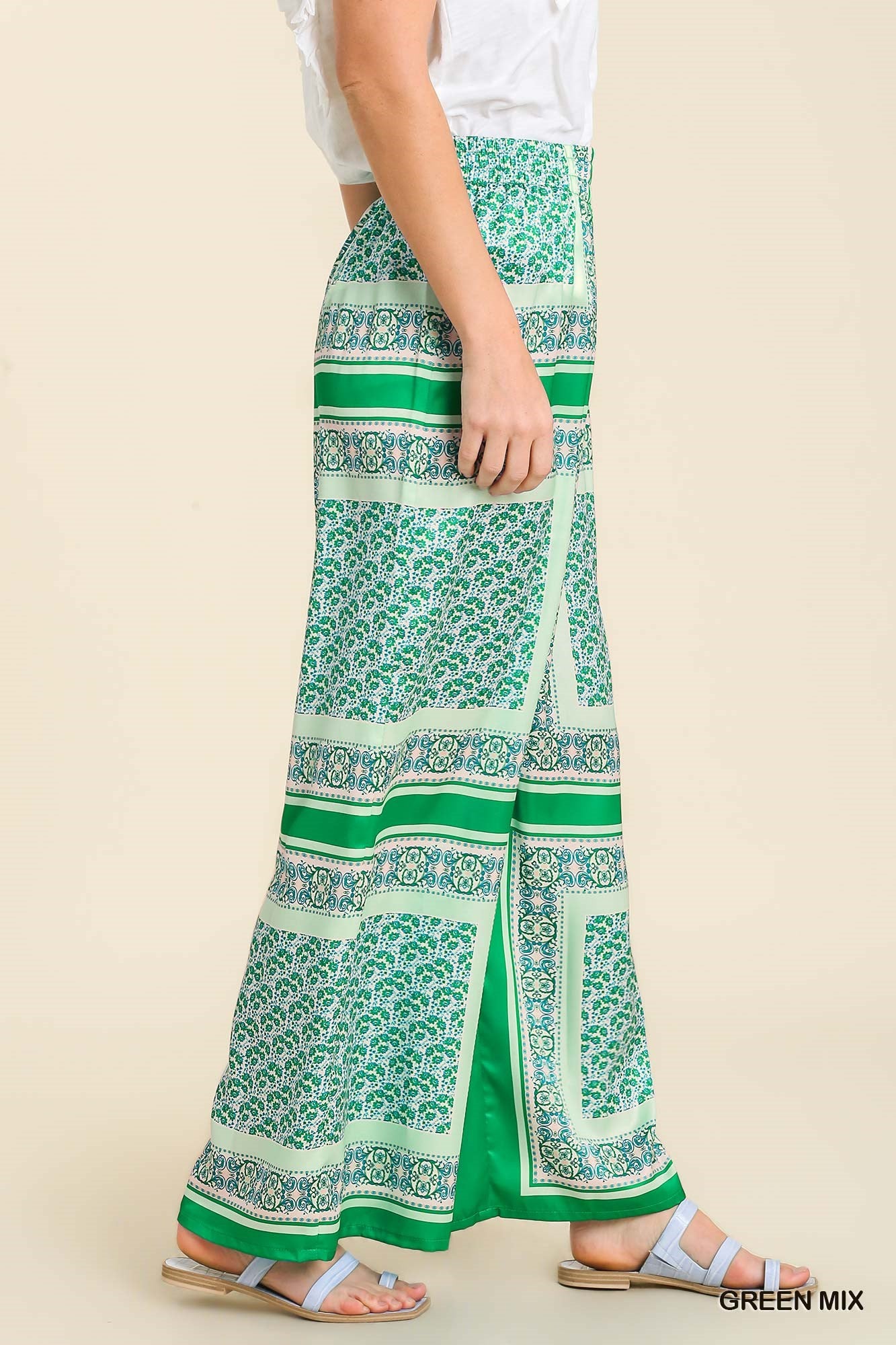 Umgee Scarf Print Wide Leg Elastic Waist Band Pants