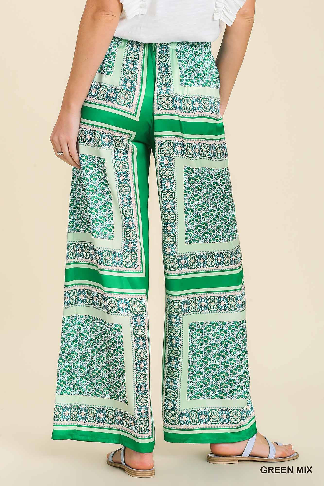 Umgee Scarf Print Wide Leg Elastic Waist Band Pants