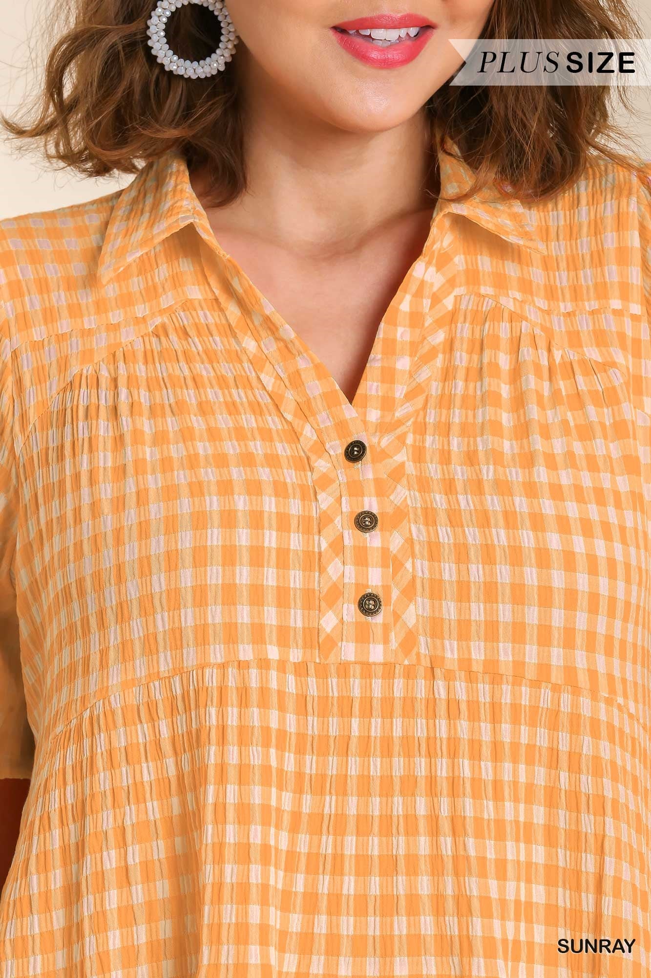 Umgee Plus Gingham Tiered Collared Button Button Short Sleeve Dress