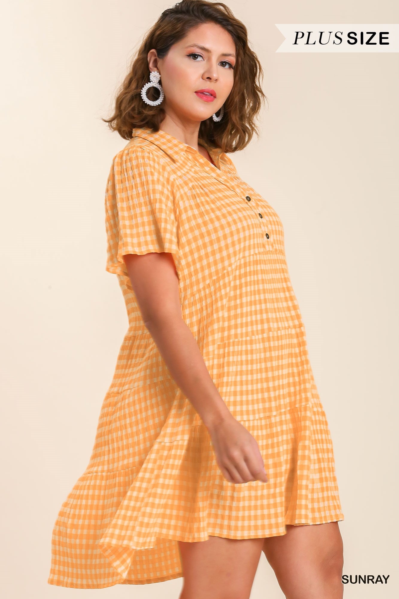 Umgee Plus Gingham Tiered Collared Button Button Short Sleeve Dress