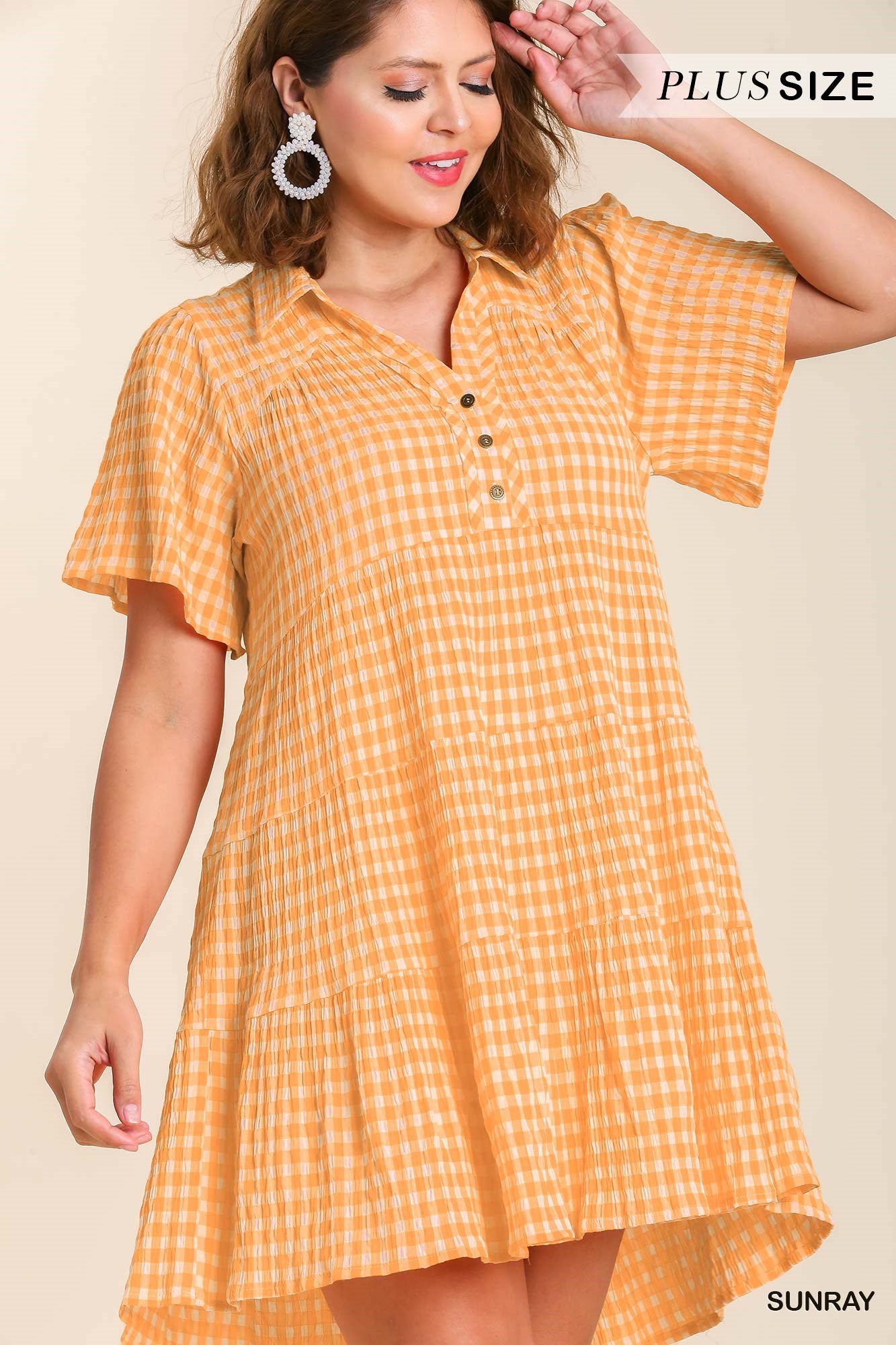 Umgee Plus Gingham Tiered Collared Button Button Short Sleeve Dress