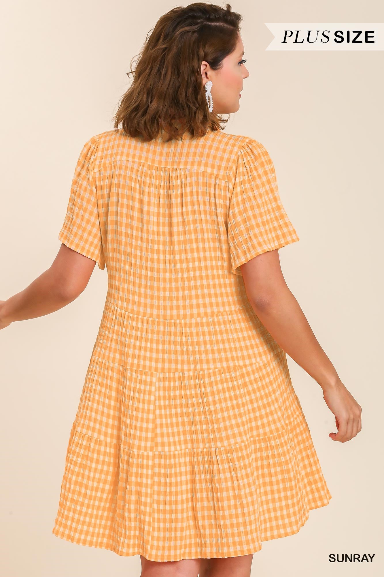 Umgee Plus Gingham Tiered Collared Button Button Short Sleeve Dress