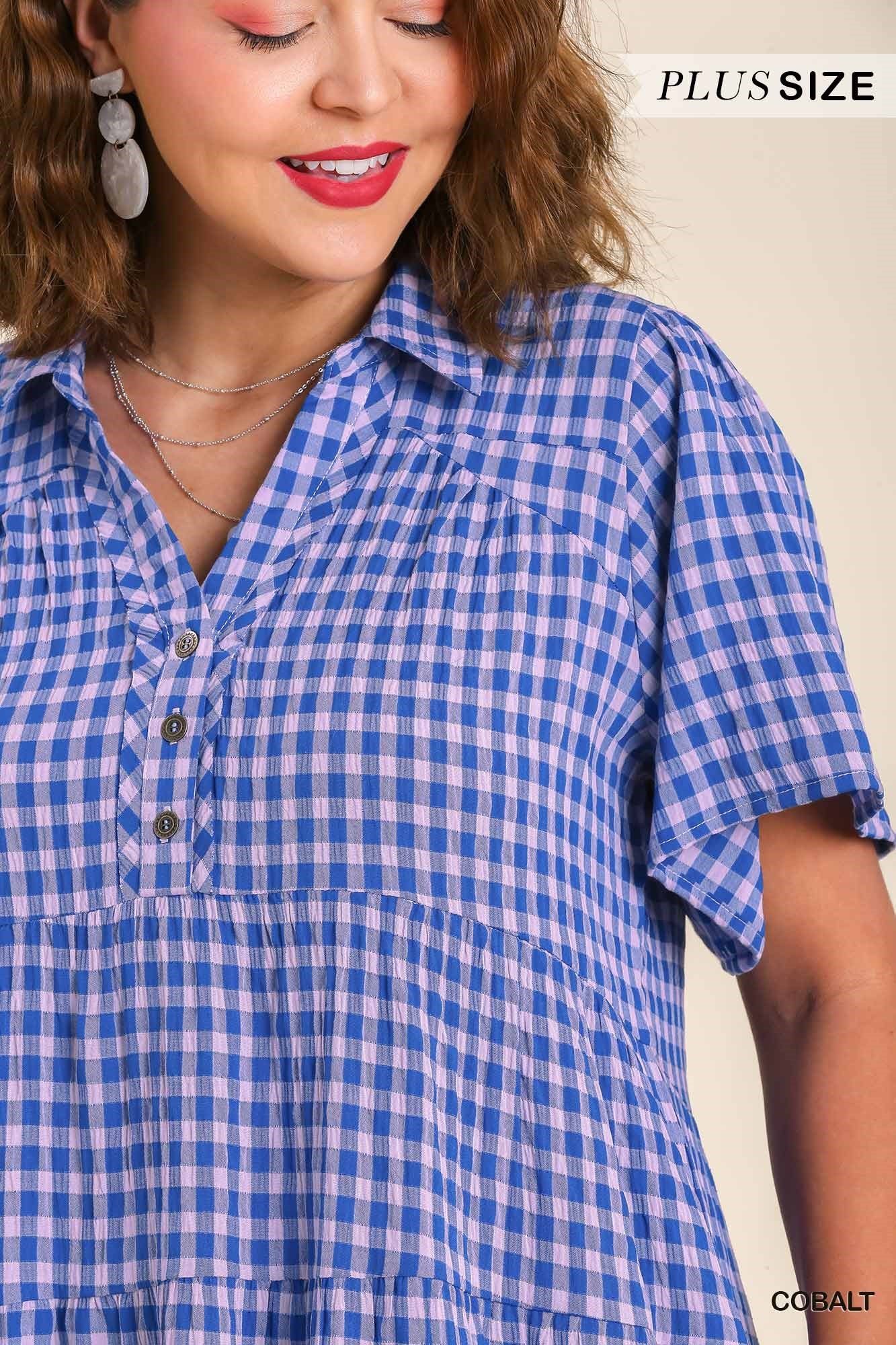 Umgee Plus Gingham Tiered Collared Button Button Short Sleeve Dress
